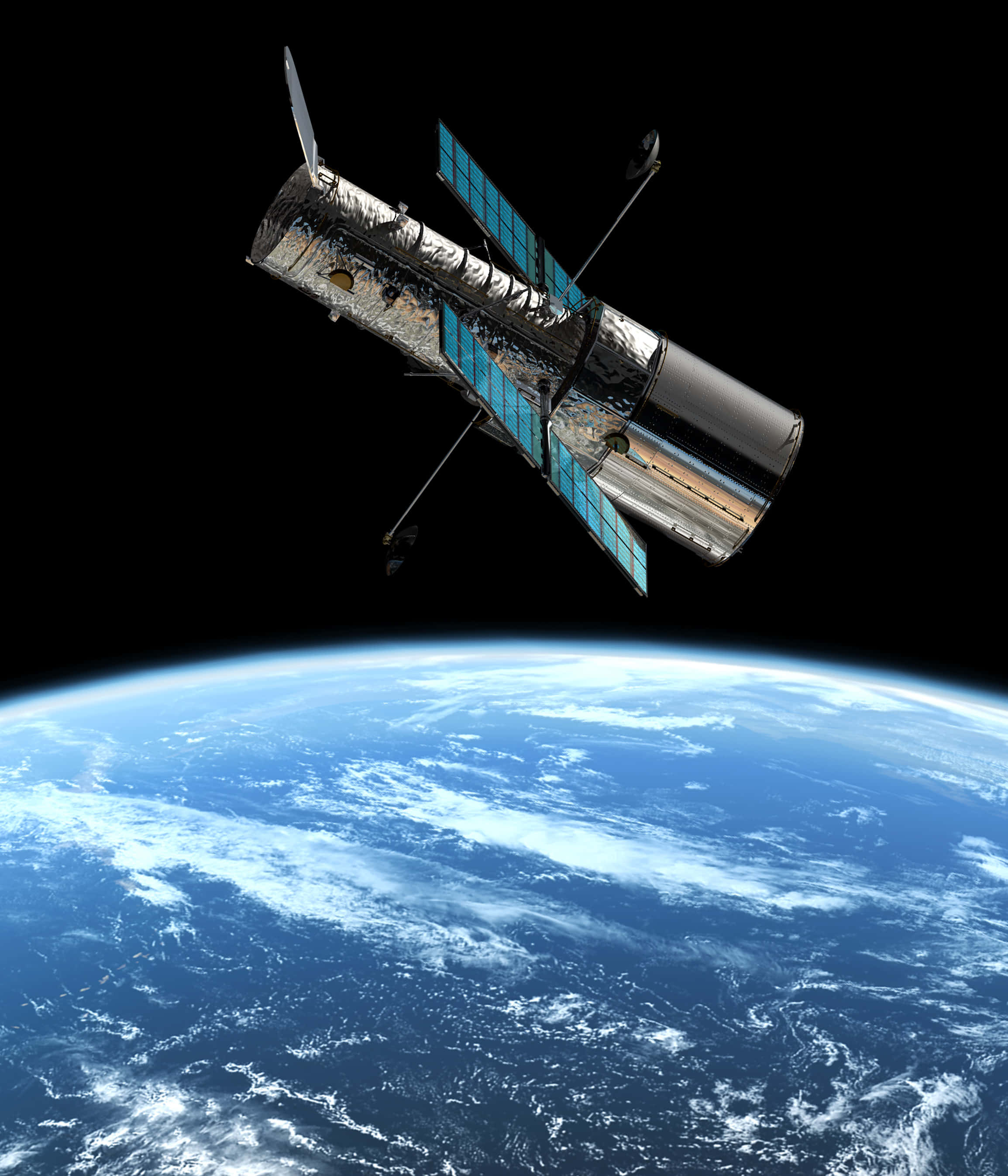 Hubble Space Telescope 桌布 壁紙 — 哈勃太空望遠鏡在黑色天空的背景下繞地球運行，下方是藍色的海洋和白色的雲層。