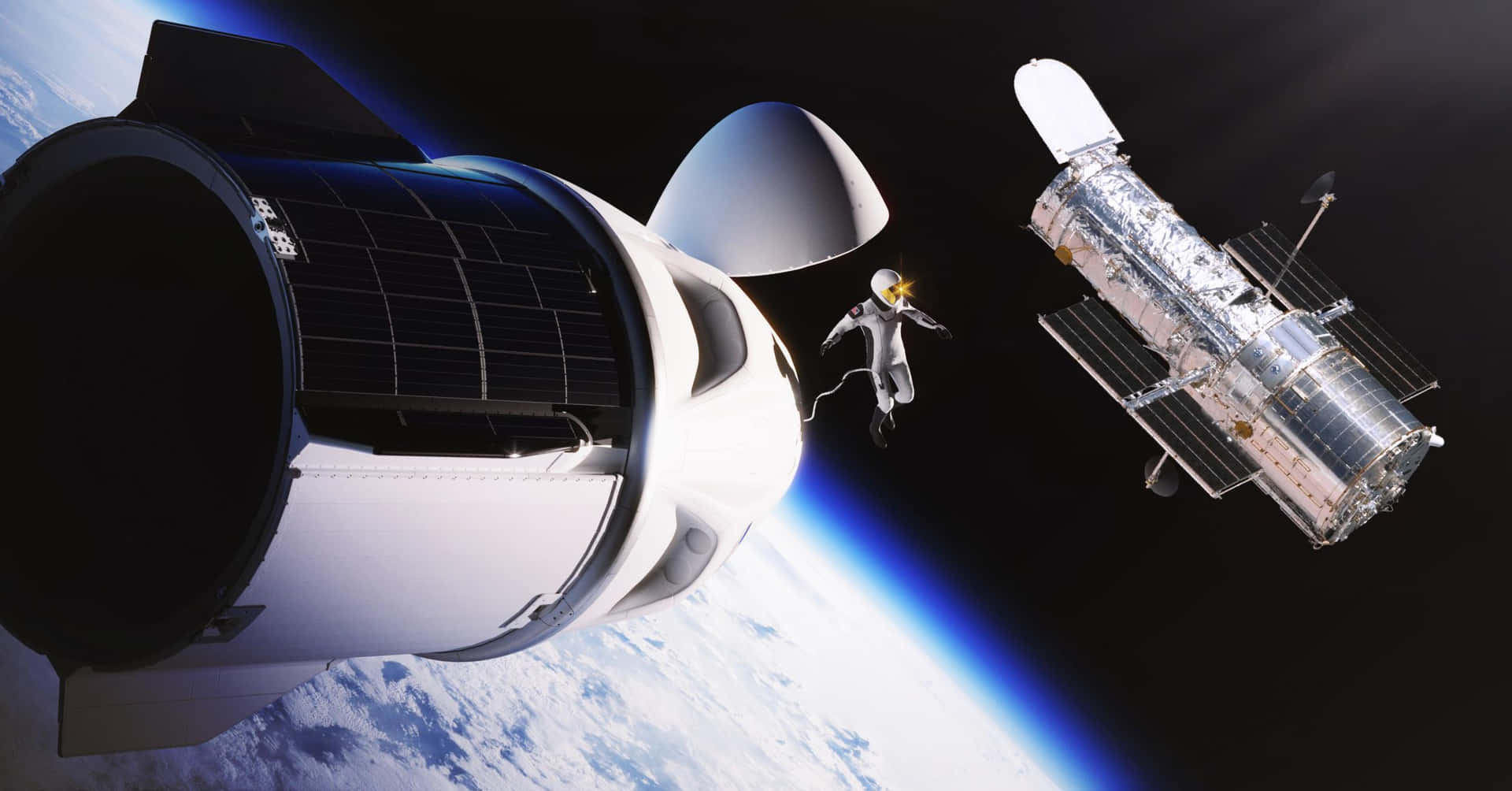 太空人在地球上空於太空船與哈勃望遠鏡之間漂流