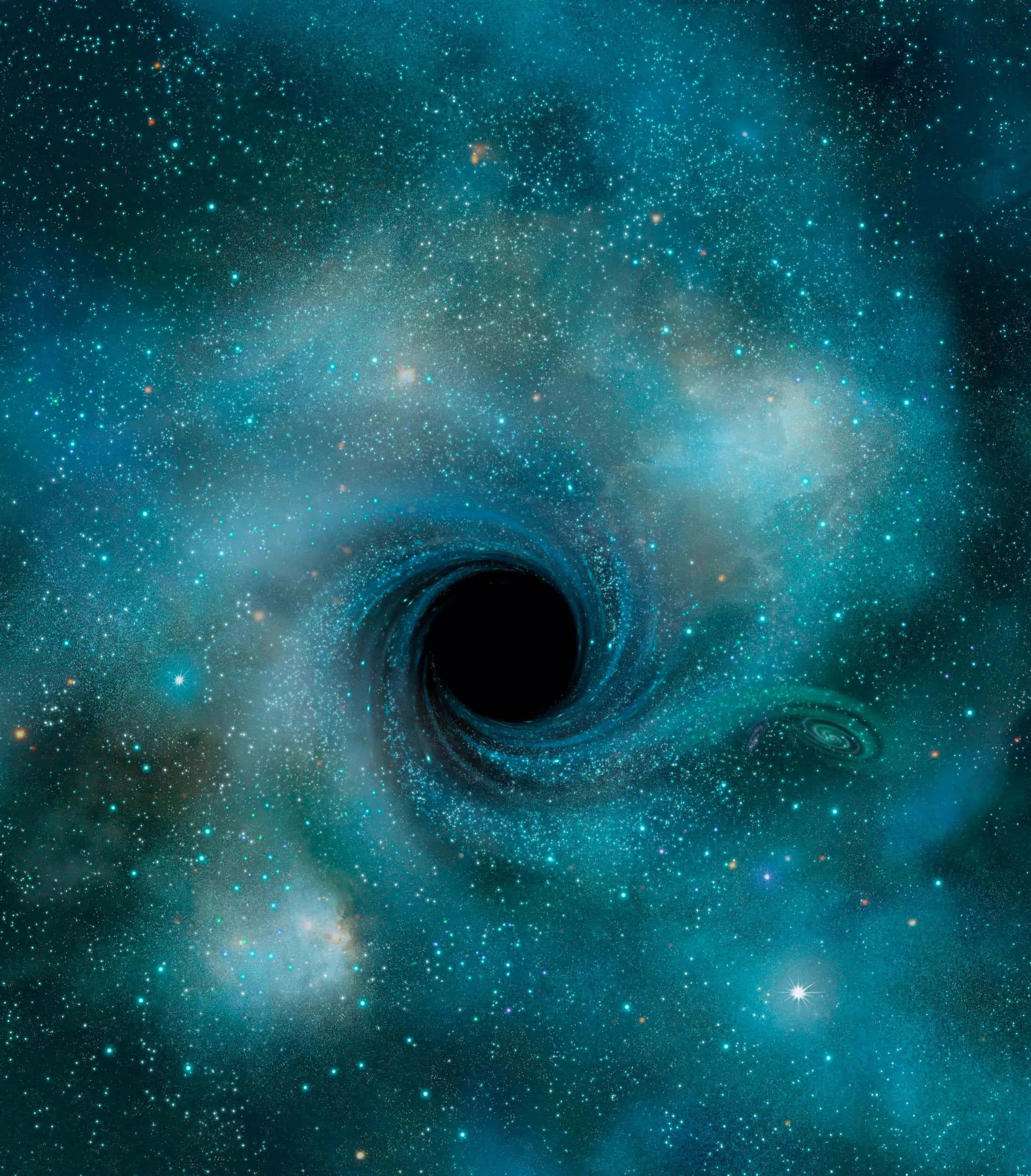 哈勃望遠鏡拍攝的NGC 4696星系超大質量黑洞新影像 壁紙 — 一個旋轉的宇宙黑洞將發光的青綠色和白色星雲吸入星空中。