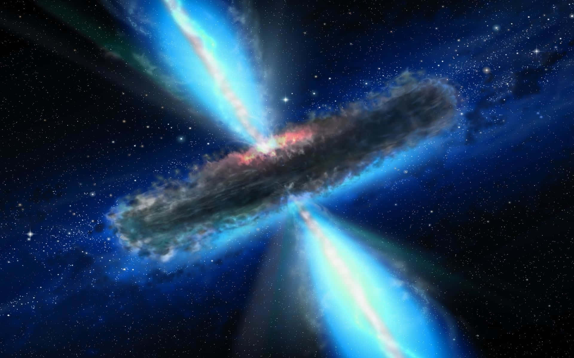 一個黑洞通過黑暗星雲發出藍色噴流。