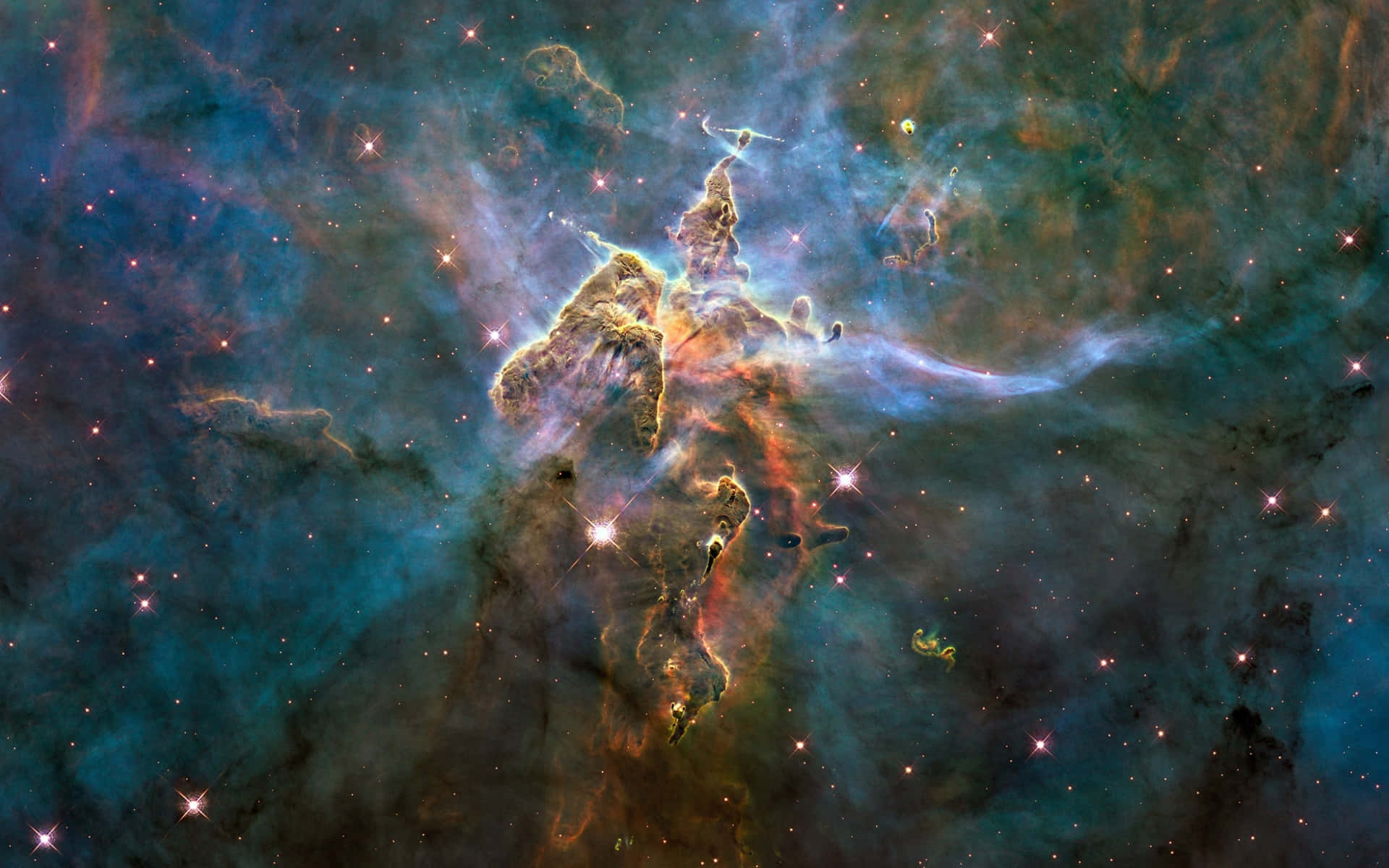 在深空中，充滿活力的宇宙星雲，帶有發光的氣體雲和明亮的星星。