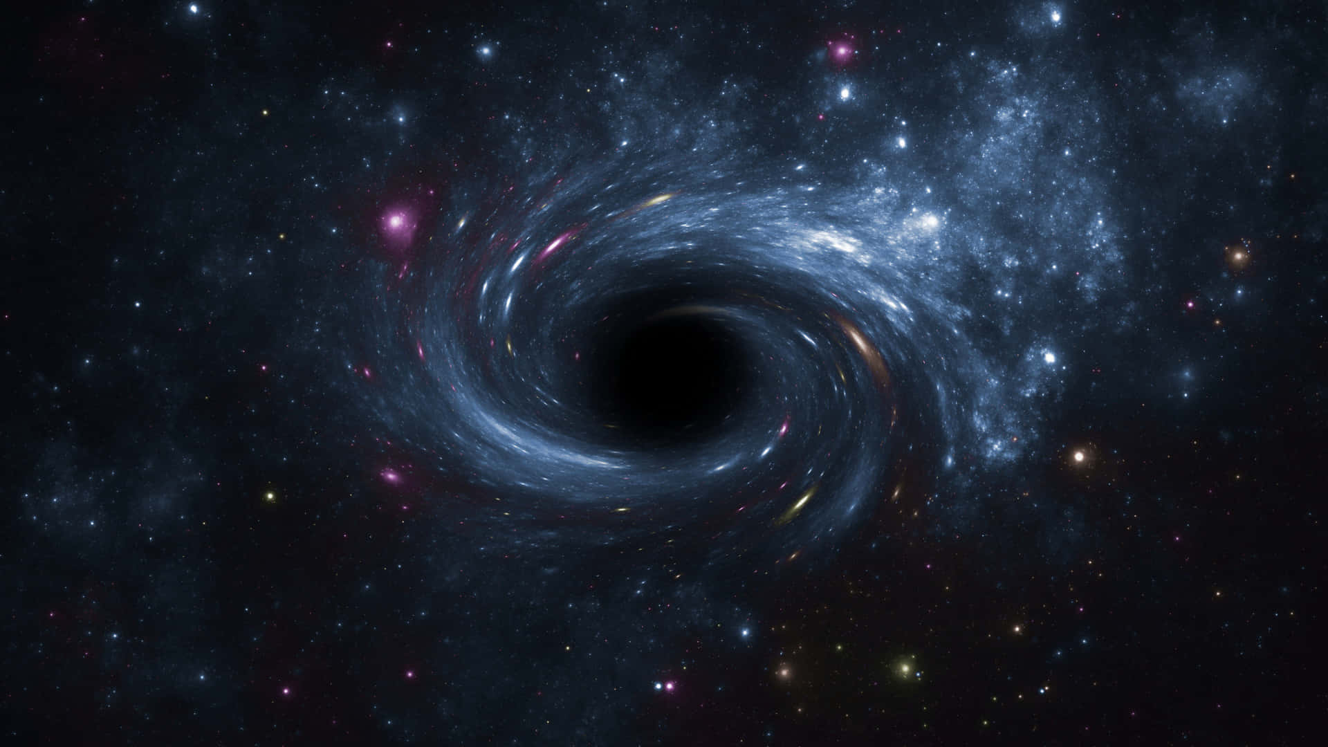 哈勃望遠鏡拍攝的超大質量黑洞影像 壁紙 — 一個由恆星和星雲組成的旋轉宇宙漩渦，在繁星點點的夜空背景下螺旋進入黑洞。