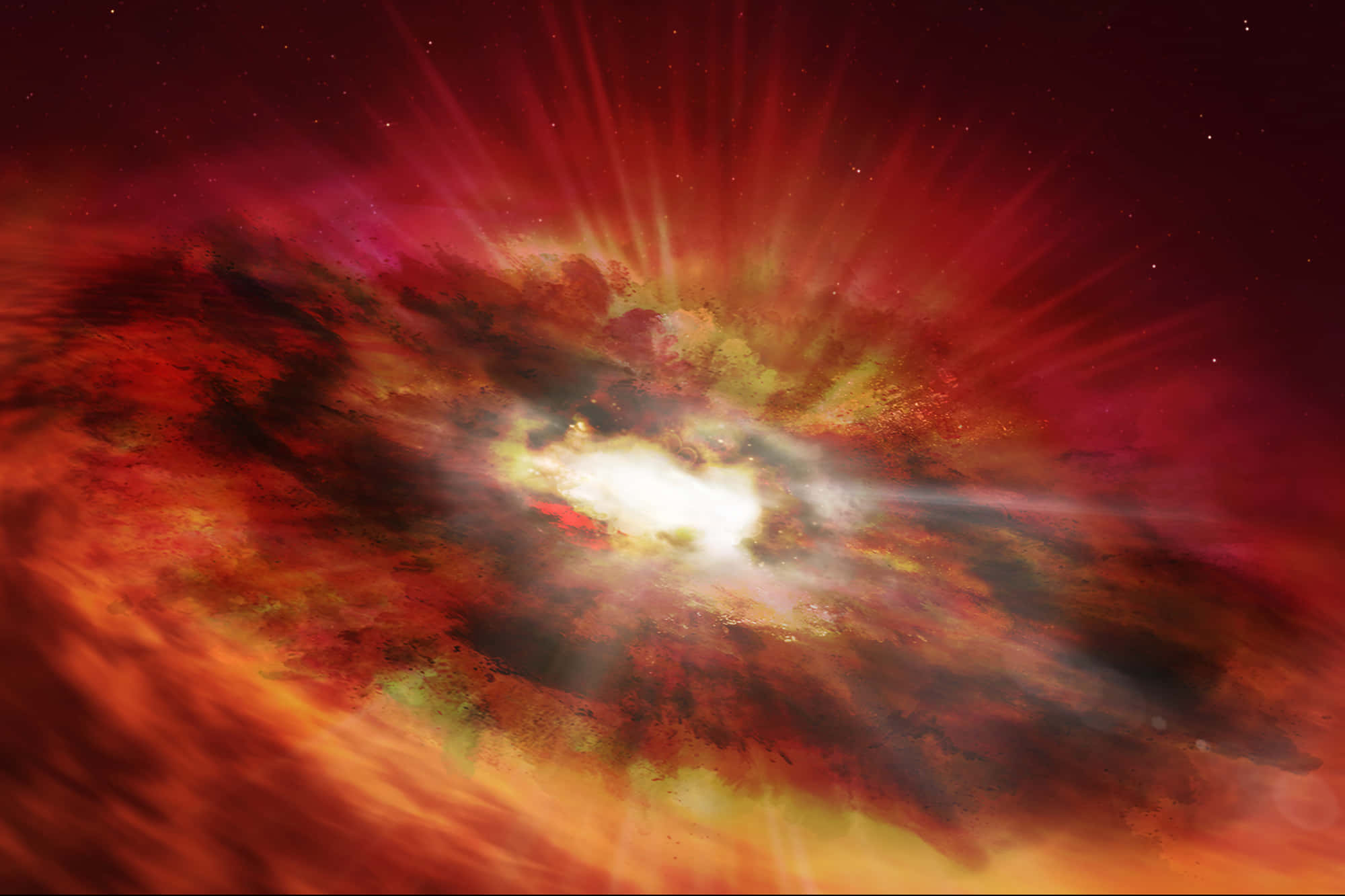哈勃望遠鏡拍攝的黑洞影像 壁紙 — 一場宇宙爆炸從明亮的中心核心散發出熾熱的紅色和橙色，背景是繁星點點的黑暗太空。
