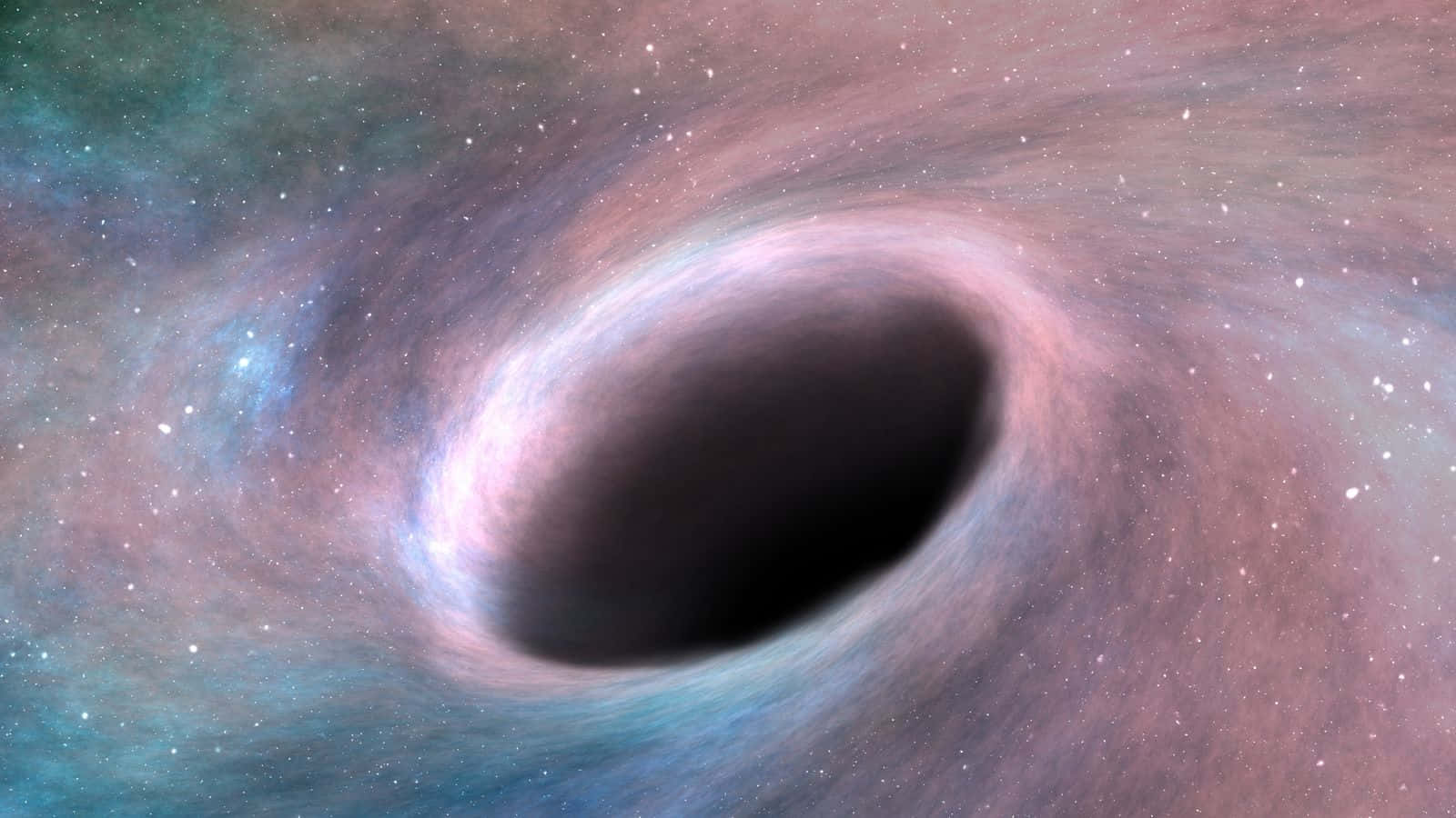哈勃望遠鏡拍攝的黑洞影像 壁紙 — 一個宇宙黑洞，帶有旋轉的粉紅色和藍綠色吸積盤，背景是星場。