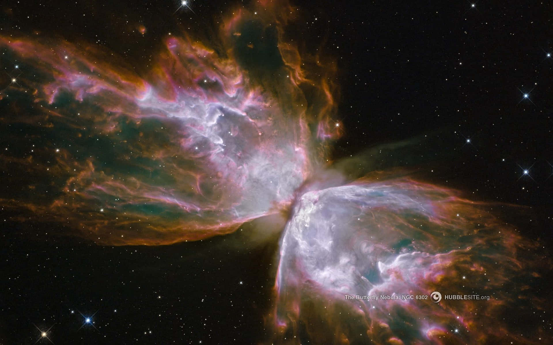蝴蝶星雲在星空中閃耀著粉紅、橙色和藍綠色。
