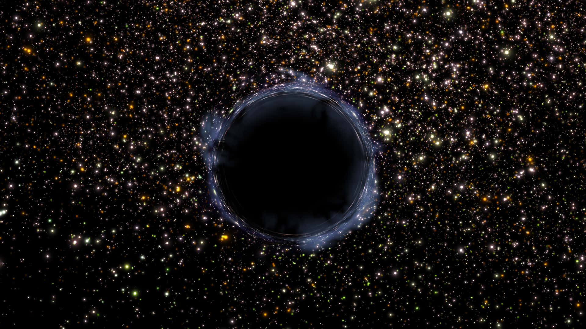 哈勃望遠鏡觀測宇宙的黑洞M87 壁紙 — 一個帶有發光吸積盤的宇宙黑洞主導著一個充滿遙遠多彩恆星的星場。