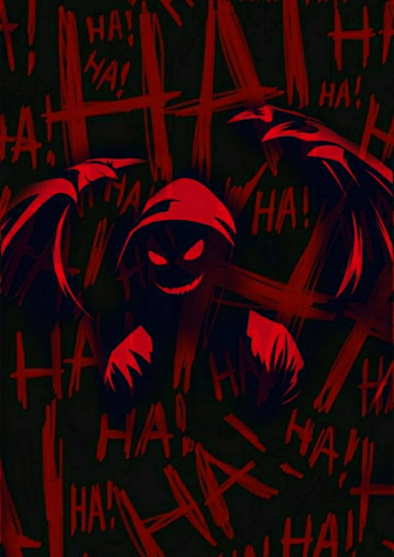 哈哈惡魔 壁紙 — 一個戴紅色連帽的威脅性人物，眼睛發光，在黑暗背景上混亂的紅色塗鴉和「HA!」文字中狂笑。