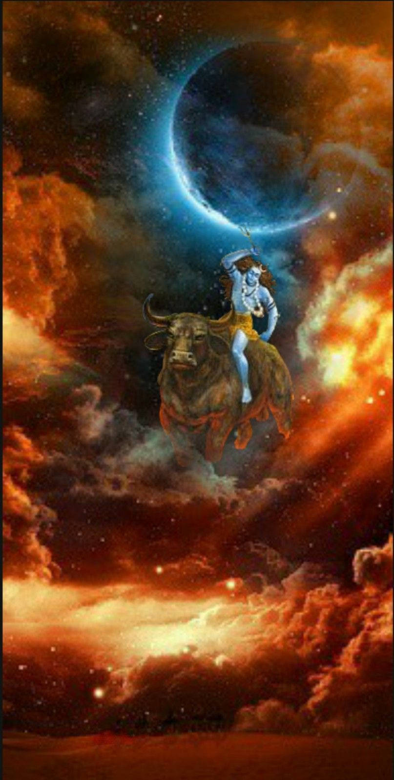 哈哈瑪哈德夫藍色新月 壁紙 — 神聖人物騎著公牛穿過火雲，在閃爍的彎月下呈現宇宙場景。