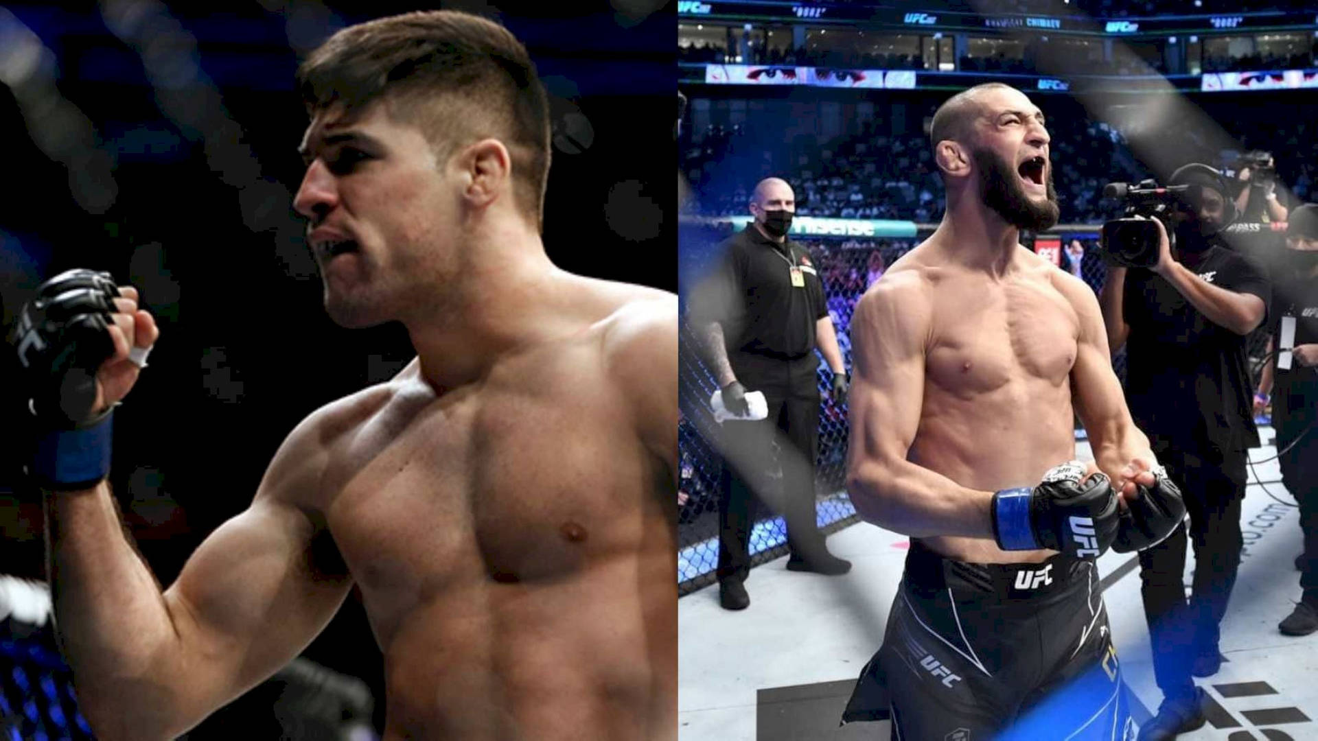 兩位UFC拳手在八角籠中舉起拳頭，以強烈的表情慶祝勝利。