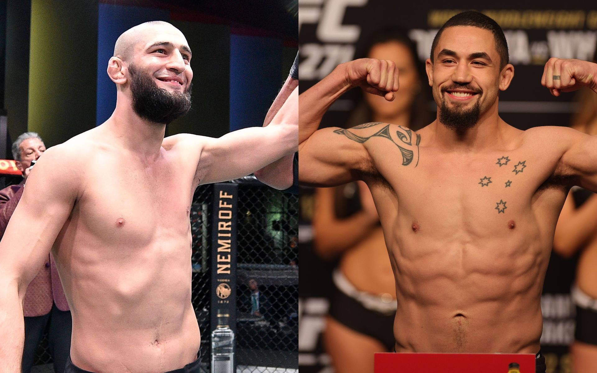 哈姆扎特·奇马耶夫與羅伯特·惠特克 壁紙 — 兩位肌肉發達的UFC拳手在籠內稱重活動中微笑並彎曲手臂。