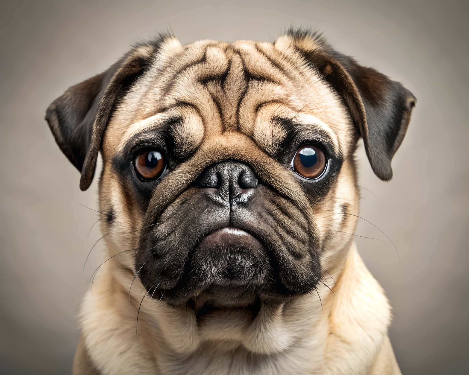 一隻淺黃色八哥犬，臉部有皺紋，棕色眼睛直視鏡頭。
