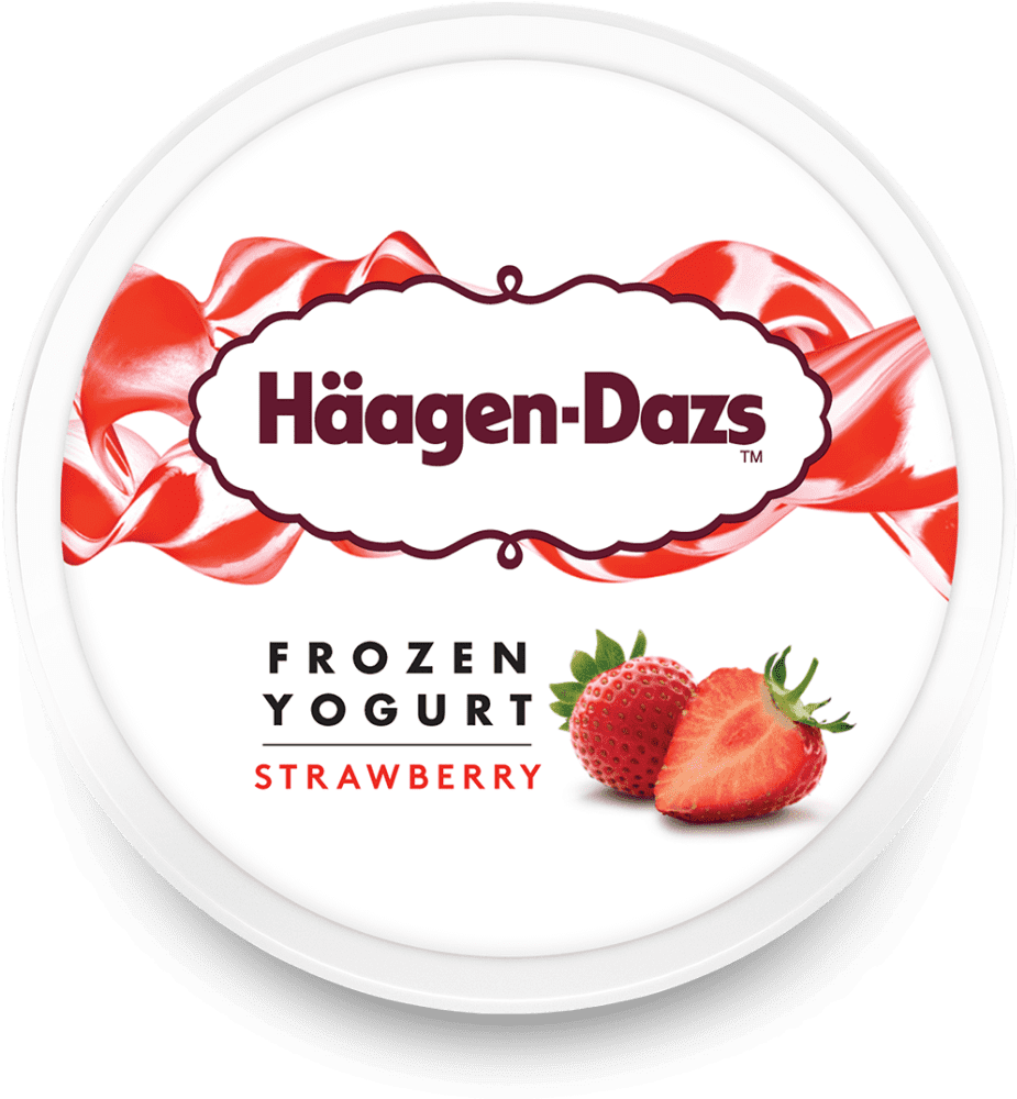哈根達斯草莓凍酸奶 壁紙 — 一個白色 Häagen-Dazs 冷凍乳酪杯蓋，帶有紅色漩渦和新鮮草莓。