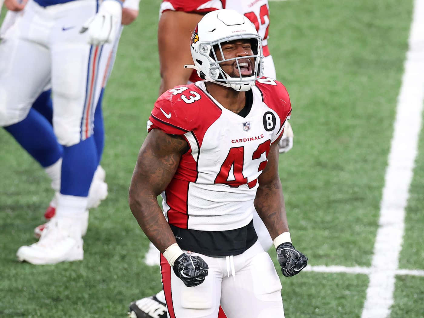 身穿 Cardinals 球衣的美式足球員在球場上慶祝