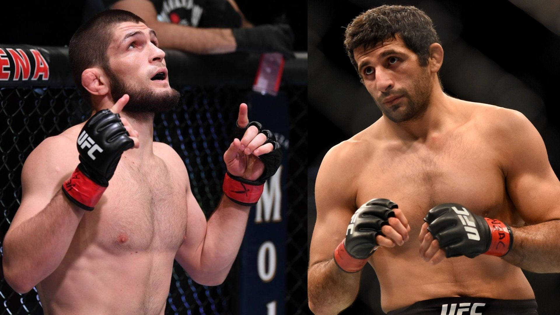 兩名身穿UFC裝備的男性MMA拳手在八角籠內，一人慶祝，另一人擺出戰鬥姿勢。