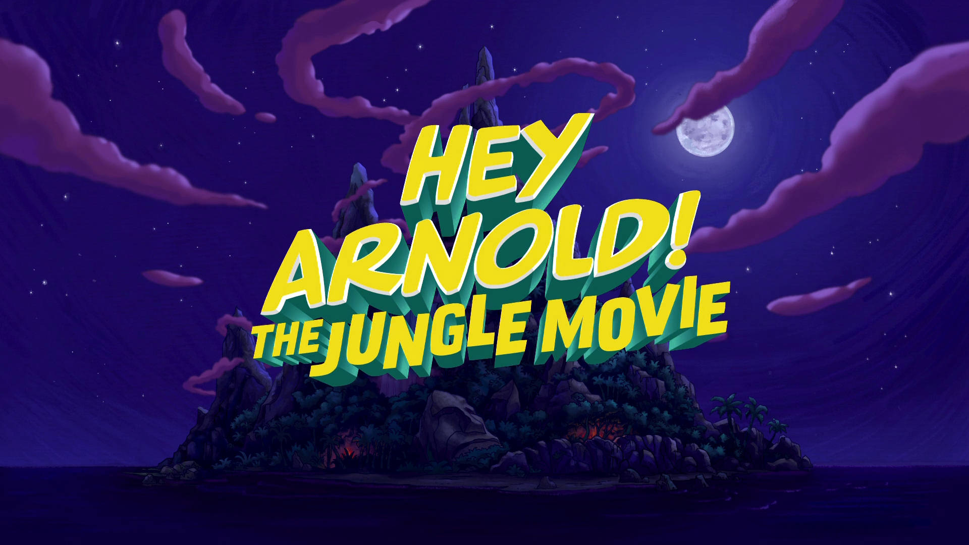 哈維·阿諾德叢林電影 壁紙 — 粗體黃色3D文字顯示hey arnold the jungle movie，背景為紫色夜空，有滿月和下方的叢林島嶼。