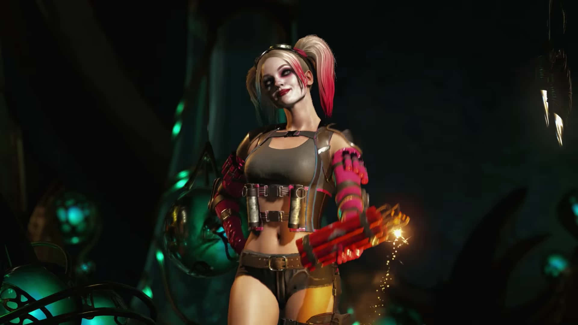 哈莉·奎茵 Injustice 2 電子遊戲 壁紙 — 哈莉·奎茵自信地站在一個燈光昏暗、霓虹綠的地牢中，手持一個火花四濺的炸彈。