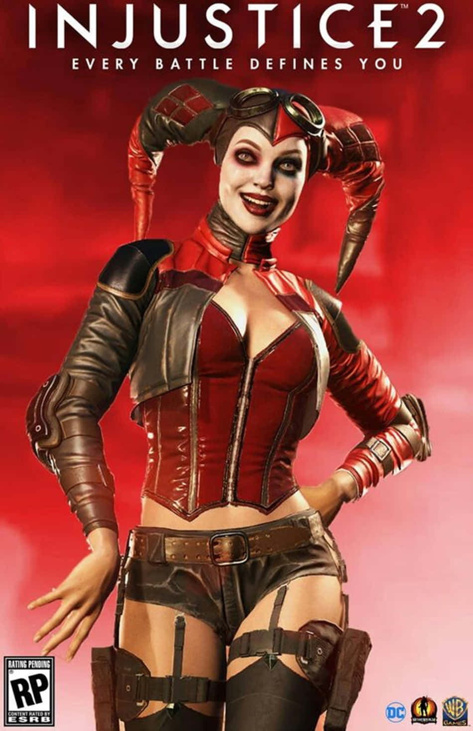 哈莉·奎茵 Injustice 2 電子遊戲海報 壁紙 — 哈莉·奎茵穿著紅黑皮衣，在紅色漸變背景前自信擺姿勢，這是一張電子遊戲宣傳圖片。