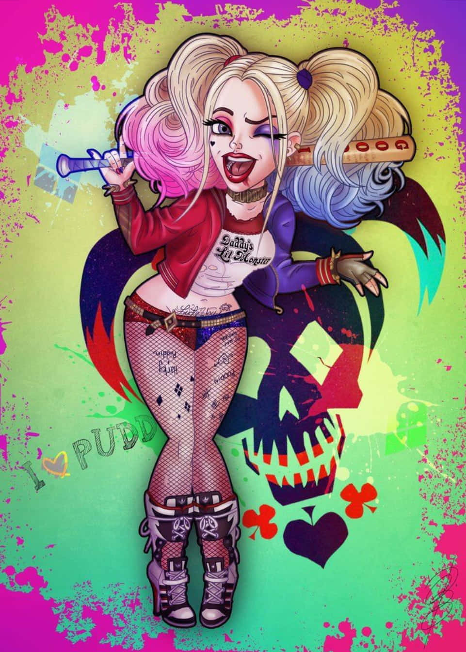 Harley Quinn Baseball Bat 桌布 壁紙 — 哈莉·奎茵以充滿活力的塗鴉風格呈現，粉藍色雙馬尾，手持球棒和棒球棍，背景為潑濺效果。