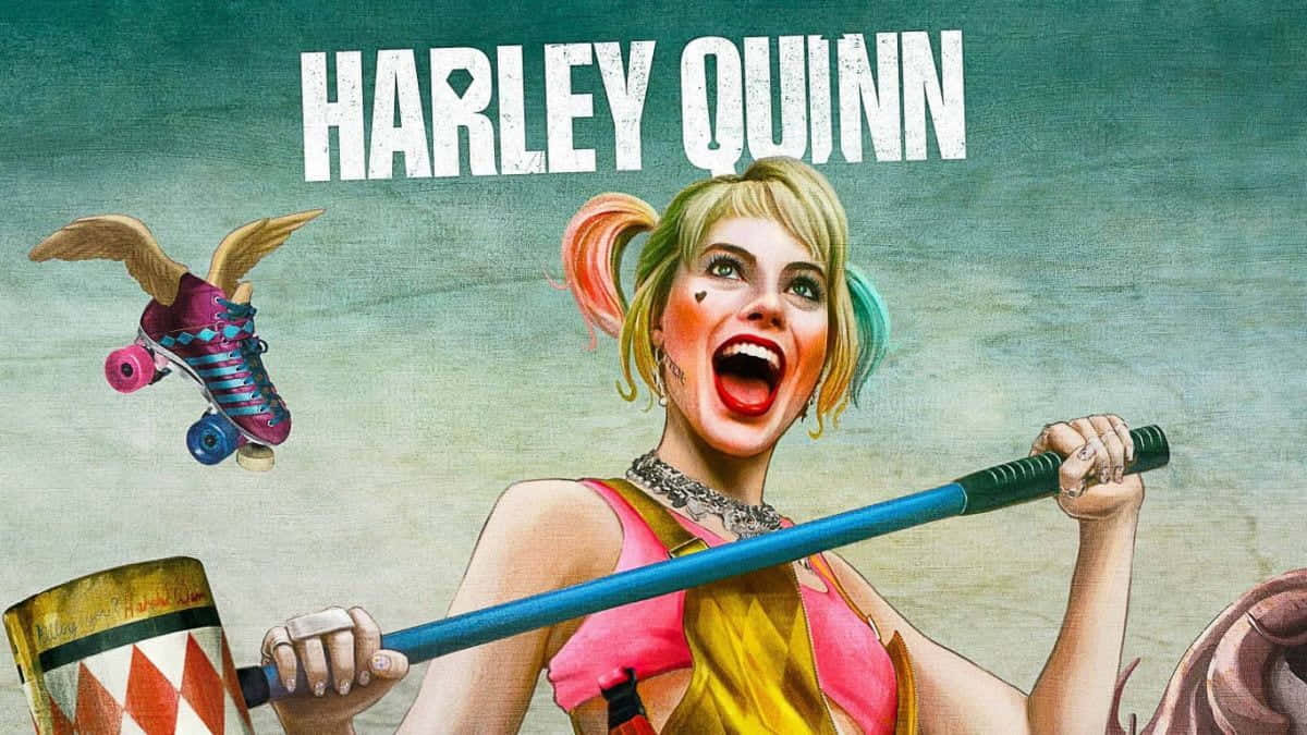 Harley Quinn Hammer 桌布 壁紙 — 哈莉·奎茵喺青綠色背景前，狂野咁笑住揮舞一個大錘，旁邊有一個飛緊嘅滾軸溜冰鞋。