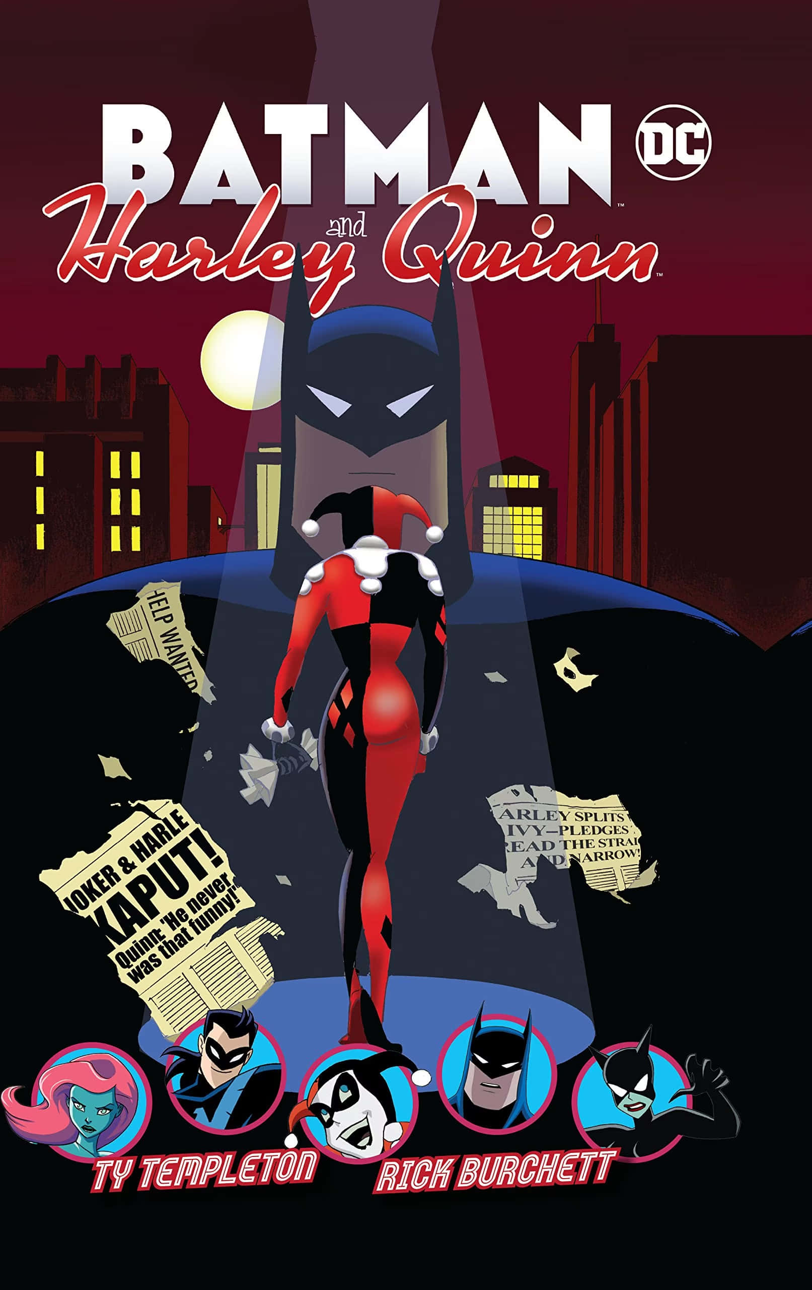Harley Quinn And Batman 桌布 壁紙 — 哈莉·奎茵在夜間的哥譚市小巷中挑釁地站立，周圍是通緝海報，蝙蝠俠在她身後隱現。