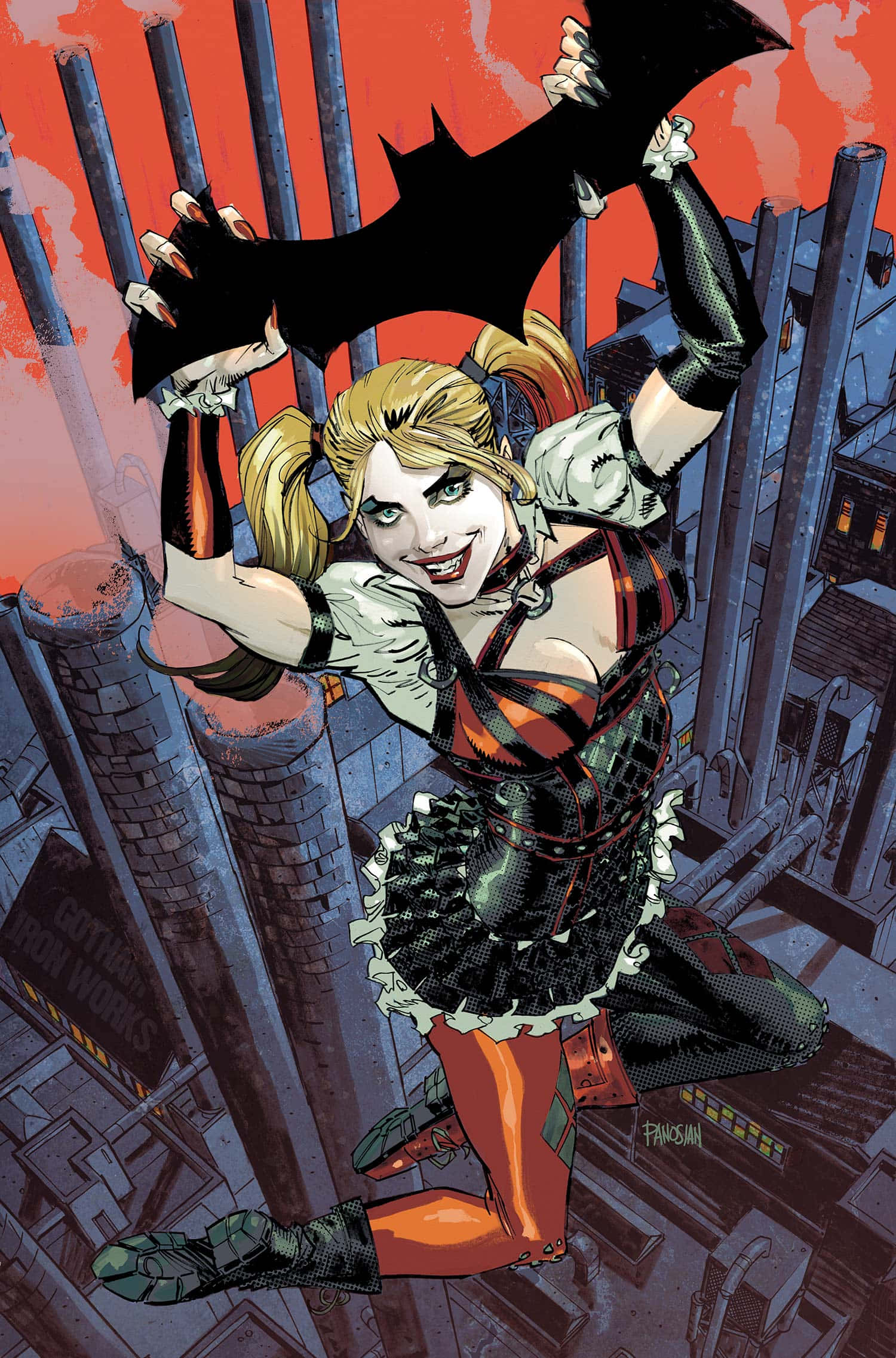 Harleen Quinzel 桌布 壁紙 — 哈莉·奎茵在日落時分的城市屋頂上，狂野地咧嘴笑著，揮舞著一個巨大的蝙蝠形狀武器。