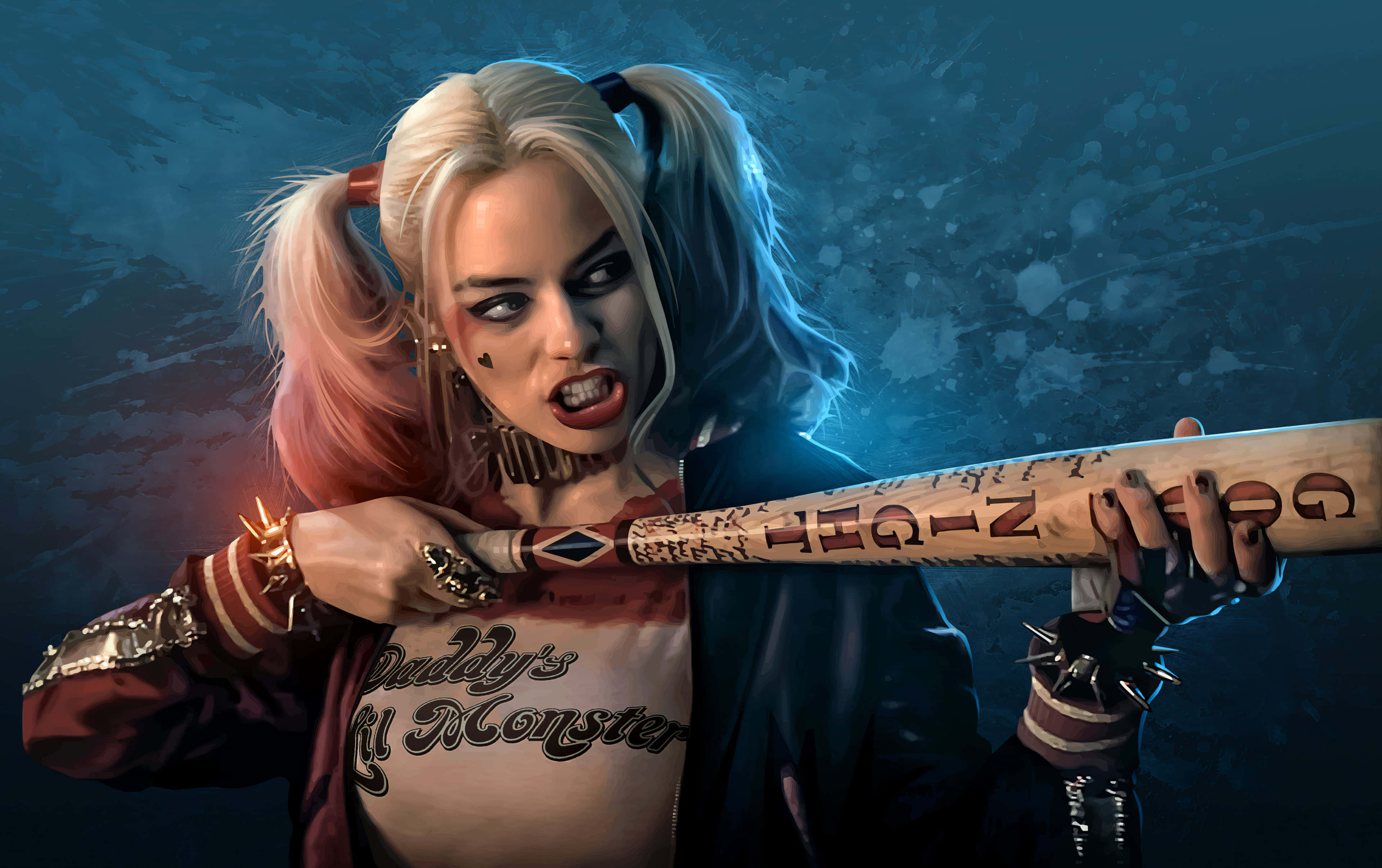 Harley Quinn Baseball Bat 桌布 壁紙 — 哈莉·奎茵在深色紋理藍色背景前，揮舞著塗滿塗鴉的棒球棍，露出兇狠的笑容。