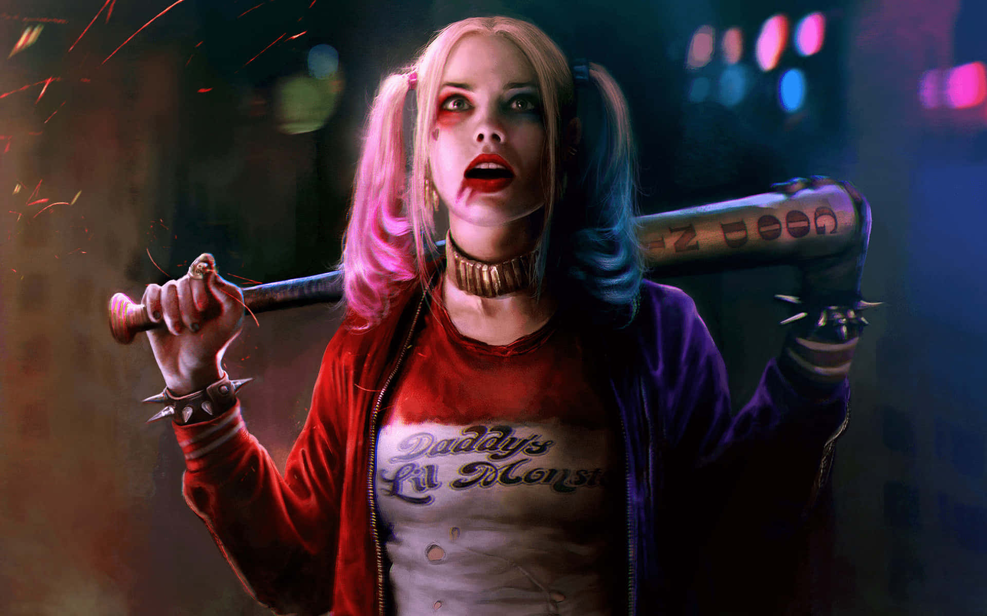 Harley Quinn Baseball Bat 桌布 壁紙 — 哈莉·奎茵挑釁地站在霓虹燈照亮的小巷中，手持棒球棍，周圍火花四濺。