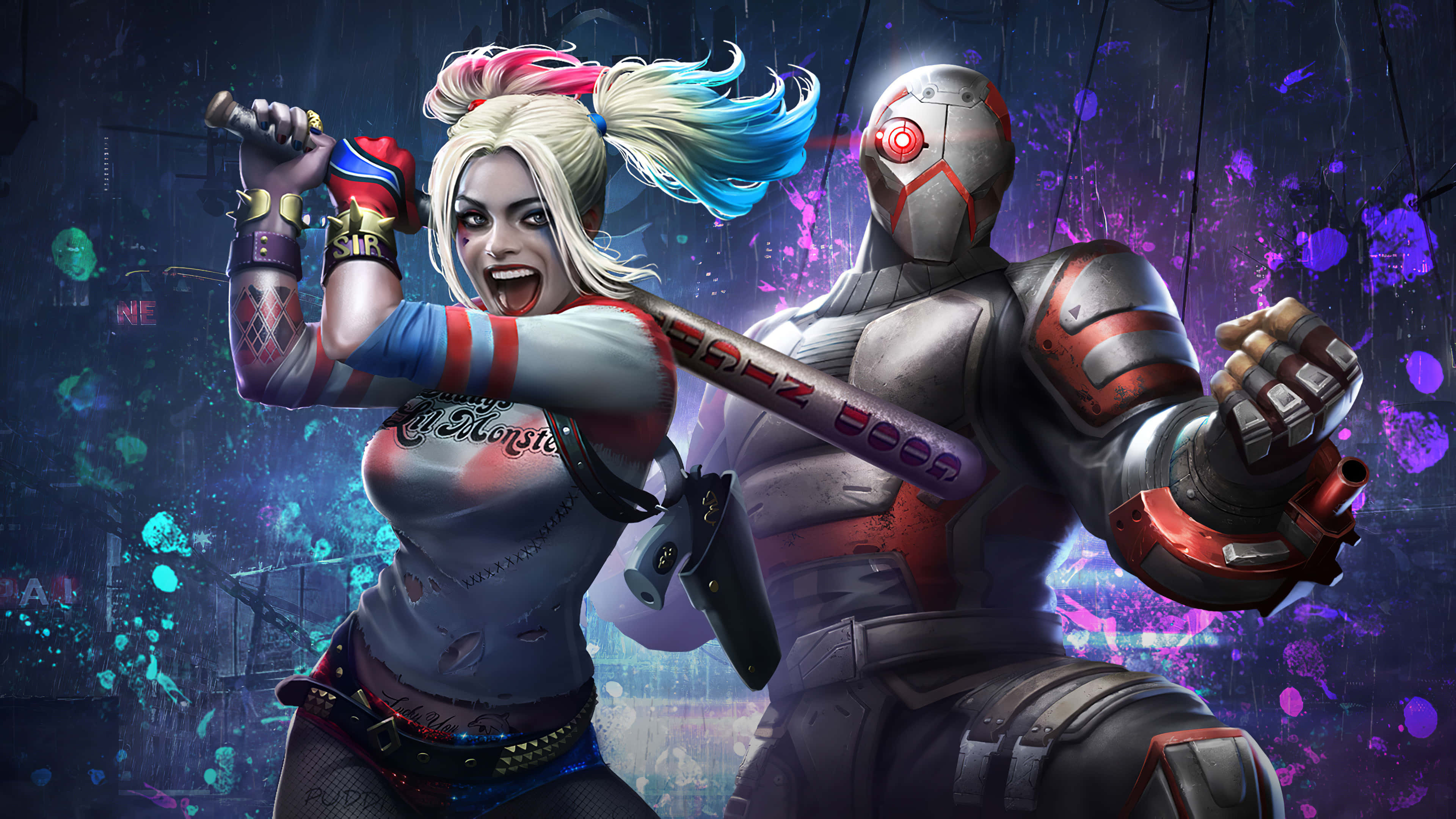 Deadshot And Harley Quinn 桌布 壁紙 — 哈莉·奎茵揮舞著棒球棍，站在一個戴面具的機械人旁邊，背景是充滿活力的塗鴉城市景觀。