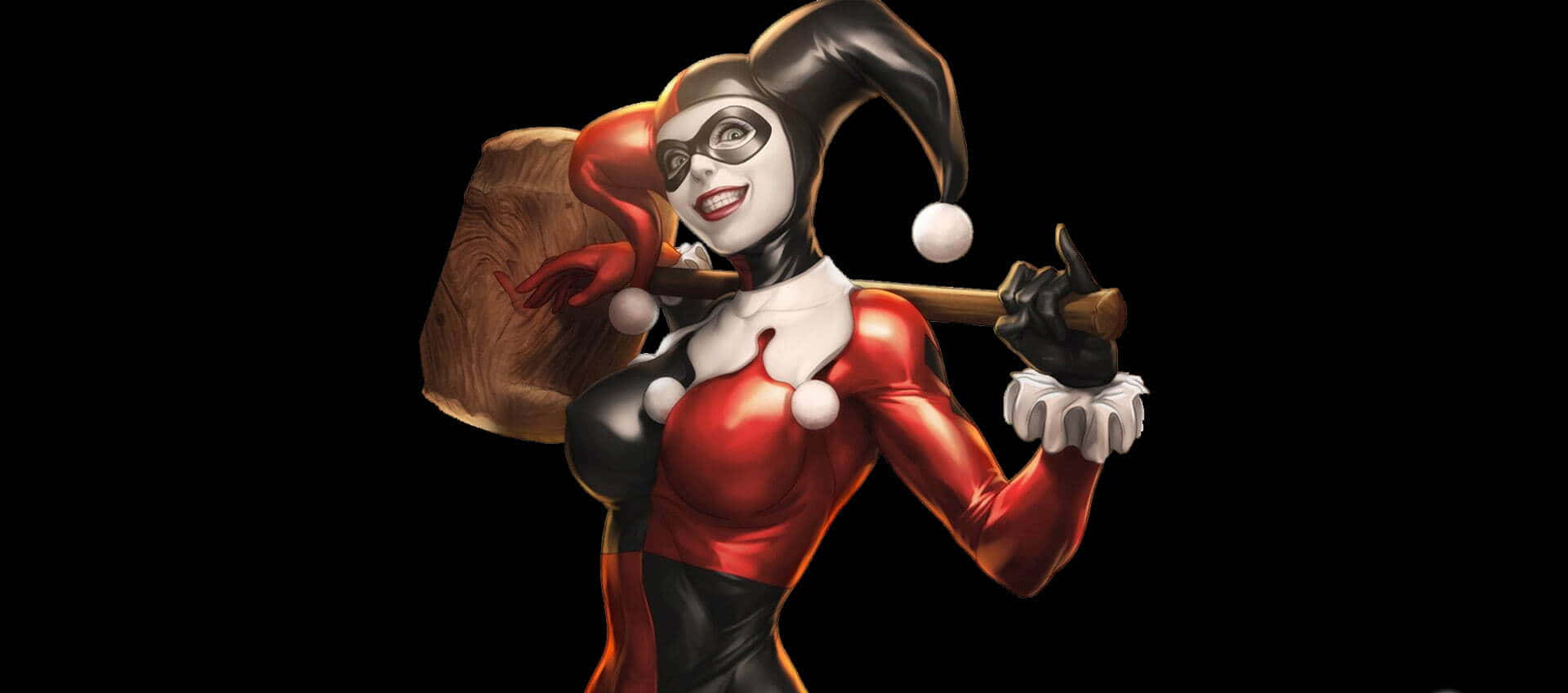 Harley Quinn Hammer 桌布 壁紙 — 哈莉·奎茵穿著她標誌性的紅黑小丑服，在黑色背景前揮舞著一把大槌。