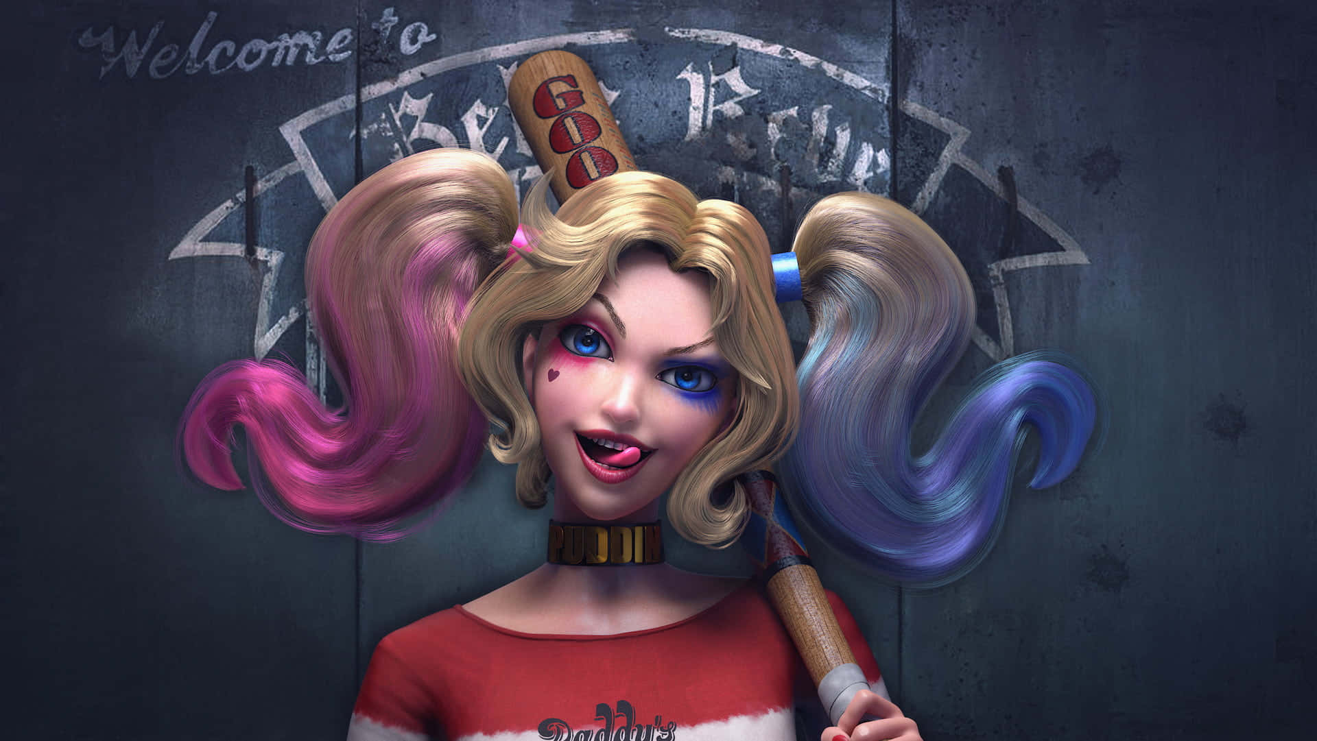 Harley Quinn Baseball Bat 桌布 壁紙 — 哈莉·奎茵紮著粉紅和藍色雙馬尾，手持棒球棍，靠在一面塗鴉牆上。