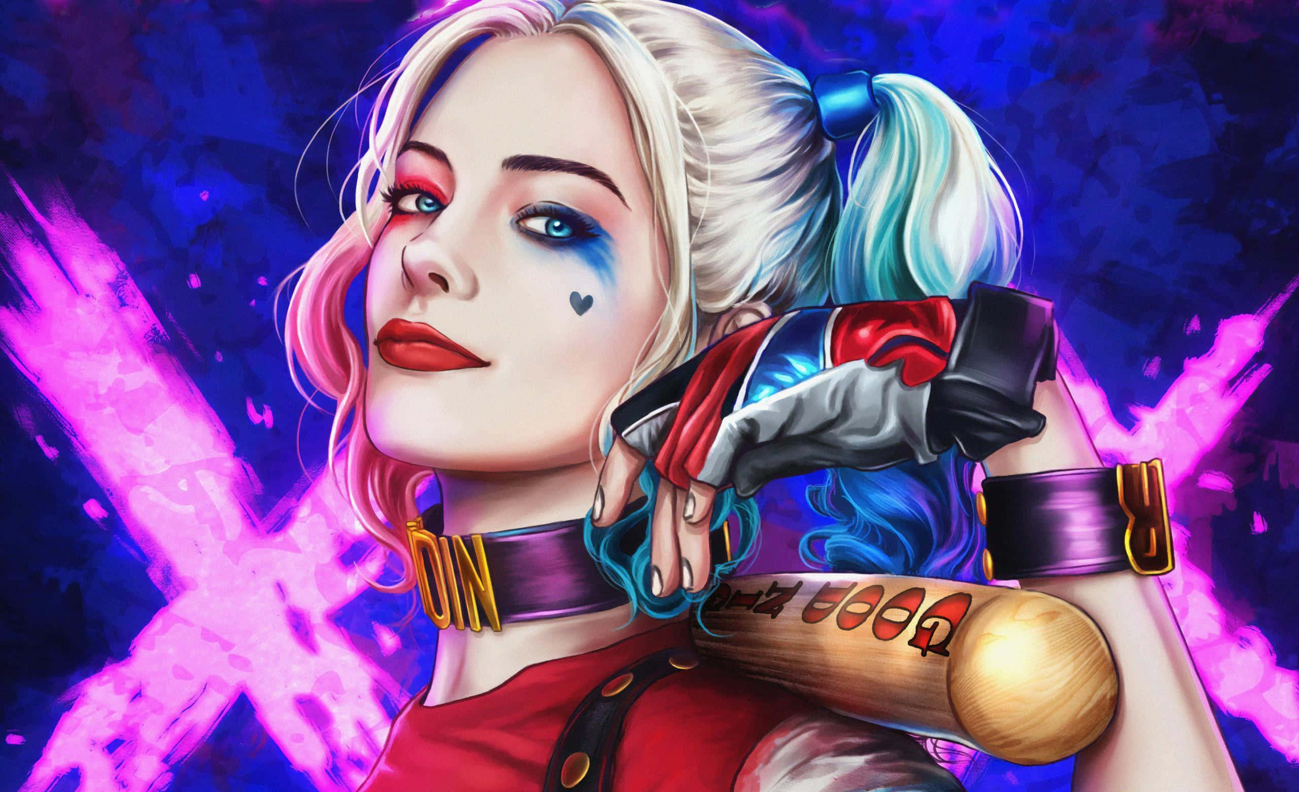 Harley Quinn Baseball Bat 桌布 壁紙 — 哈莉·奎茵自信地拿著棒球棍，背景是充滿活力的紫色和粉紅色爆炸效果。