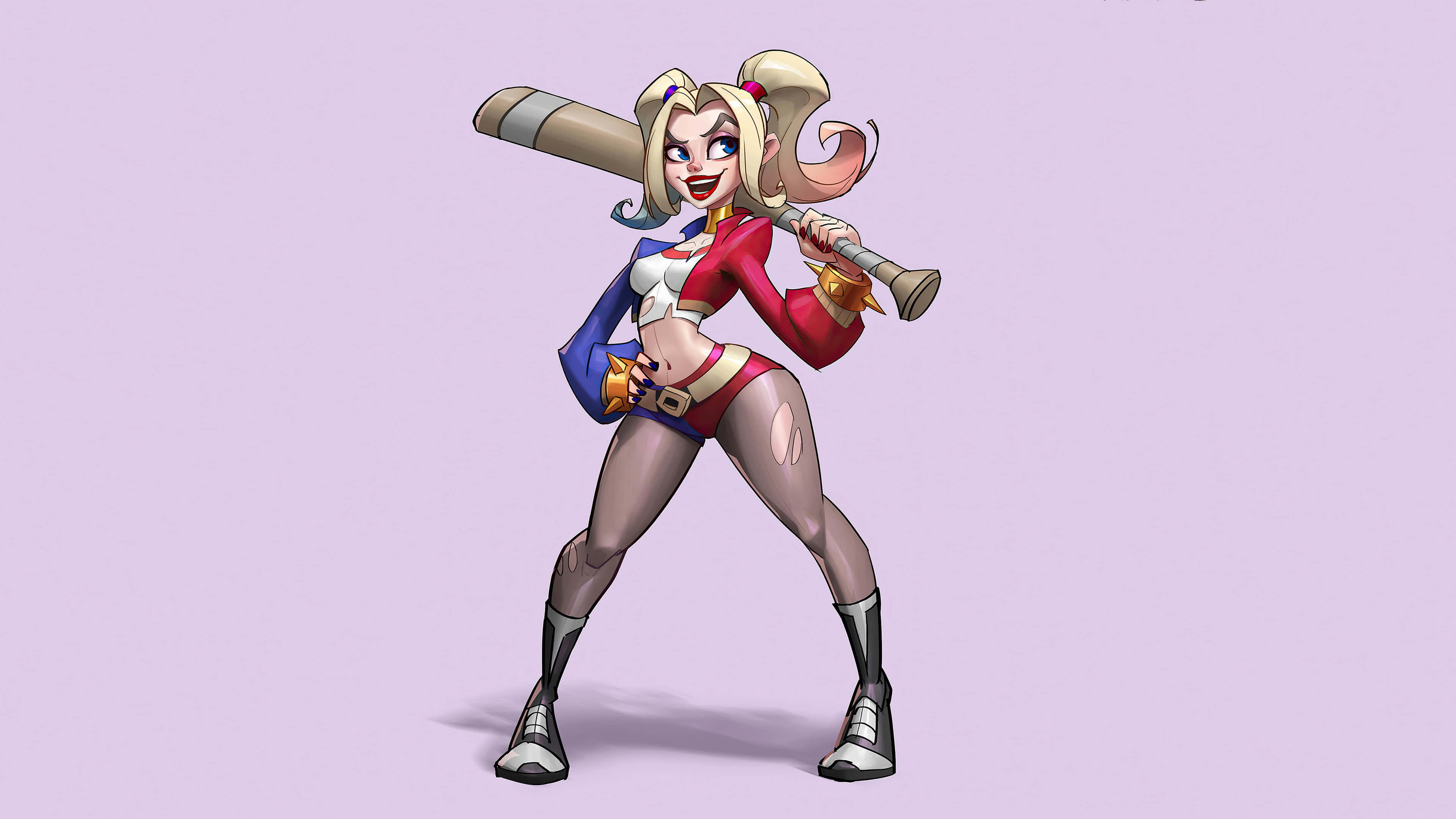 Harley Quinn Baseball Bat 桌布 壁紙 — 哈莉·奎茵自信地拿著棒球棍，背景是柔和的薰衣草色，以鮮豔的卡通風格呈現。