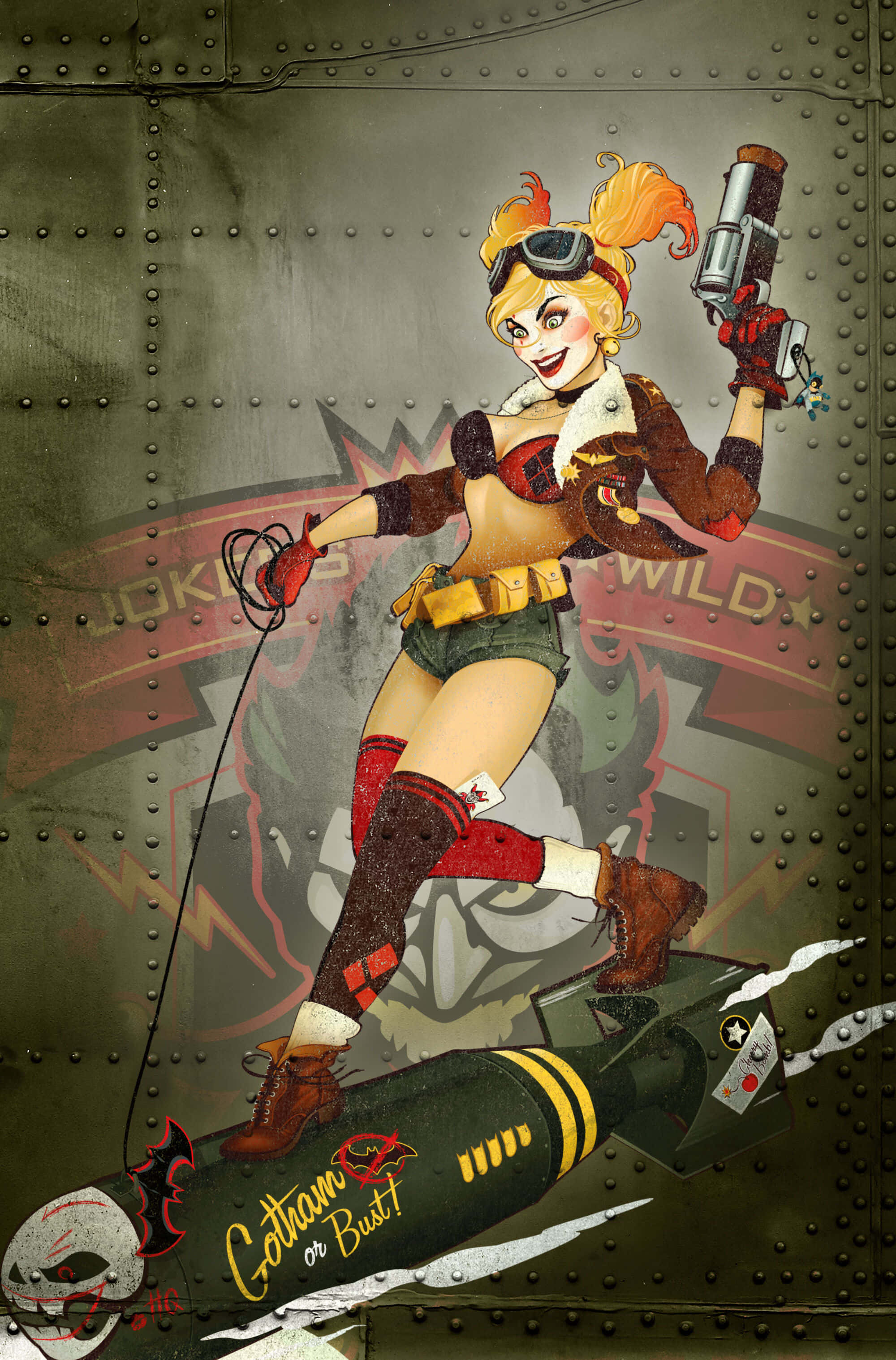 Harleen Quinzel 桌布 壁紙 — 哈莉·奎茵自信地站在鉚接飛機駕駛艙內的炸彈上，手持槍和繩索，身後有小丑標誌。