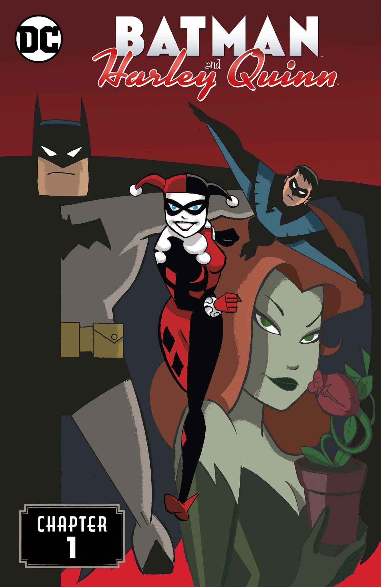 Harley Quinn And Batman 桌布 壁紙 — 哈莉·奎茵身穿標誌性的紅黑小丑服，在深紅色背景前，由蝙蝠俠、羅賓和毒藤女簇擁著站在中央。