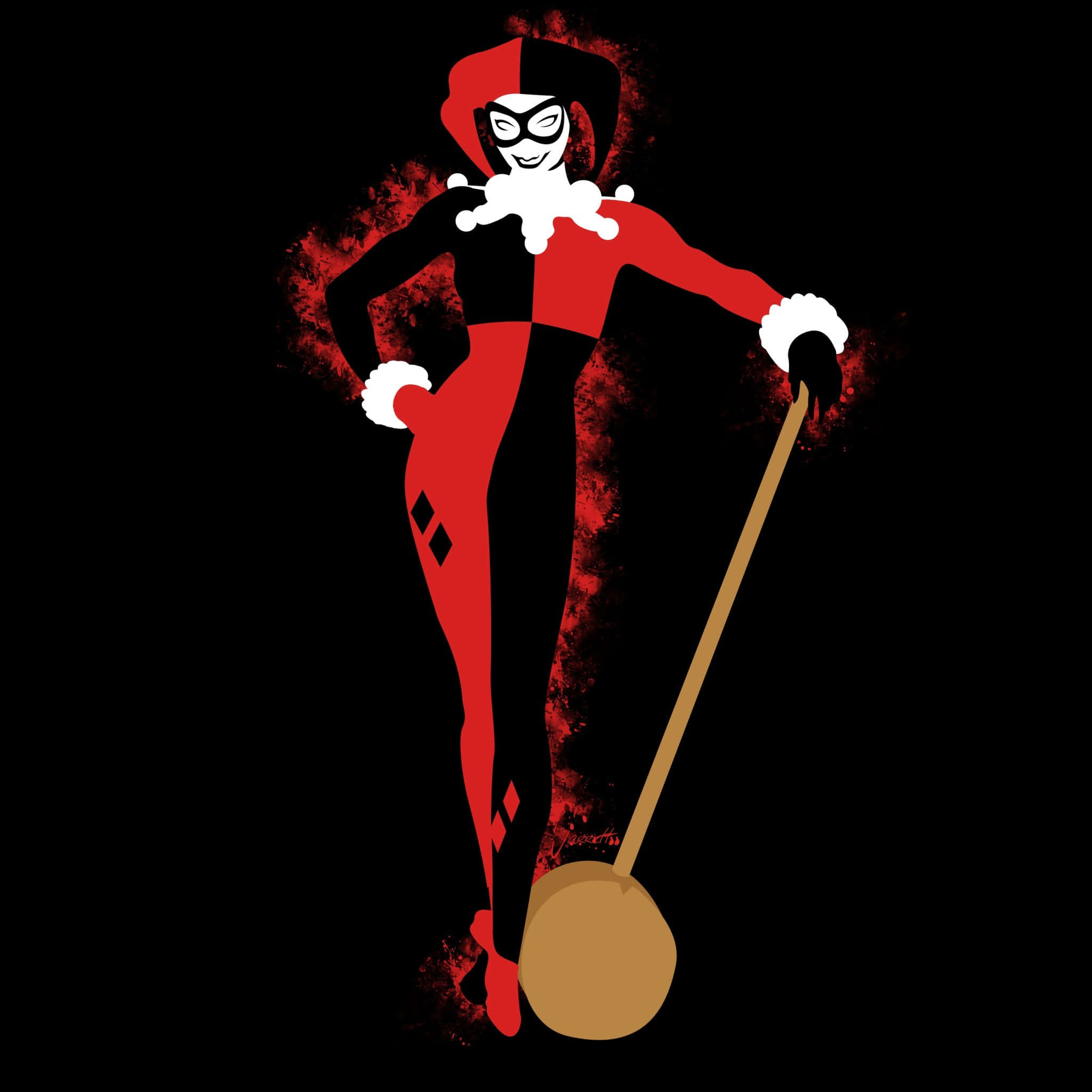 Harley Quinn Hammer 桌布 壁紙 — 哈莉·奎茵身穿紅黑小丑服，在黑色背景前手持木槌，帶有紅色飛濺效果。