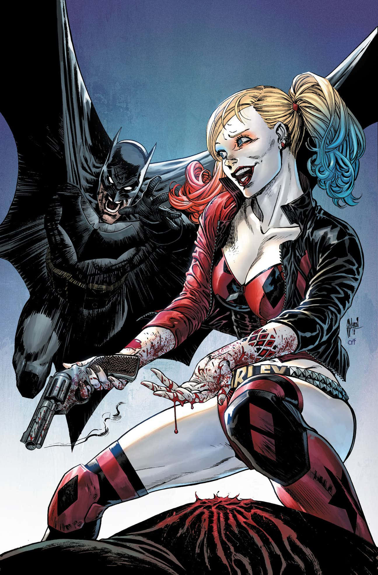 Harley Quinn And Batman 桌布 壁紙 — 哈莉·奎茵身穿紅黑小丑服，手持槍支，蝙蝠俠在她身後隱現，呈現黑暗漫畫風格。