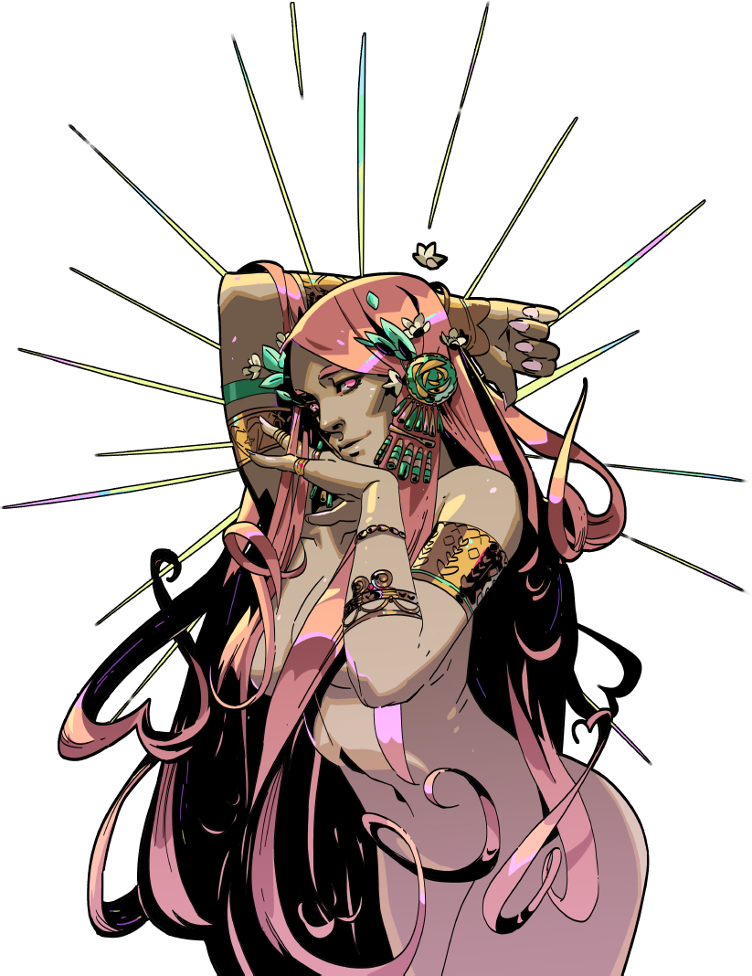 《哈迪斯》遊戲中的阿佛洛狄忒 壁紙 — 一個風格化的動漫女性，粉紅色頭髮和華麗珠寶，在黑色背景上散發出彩色光束。