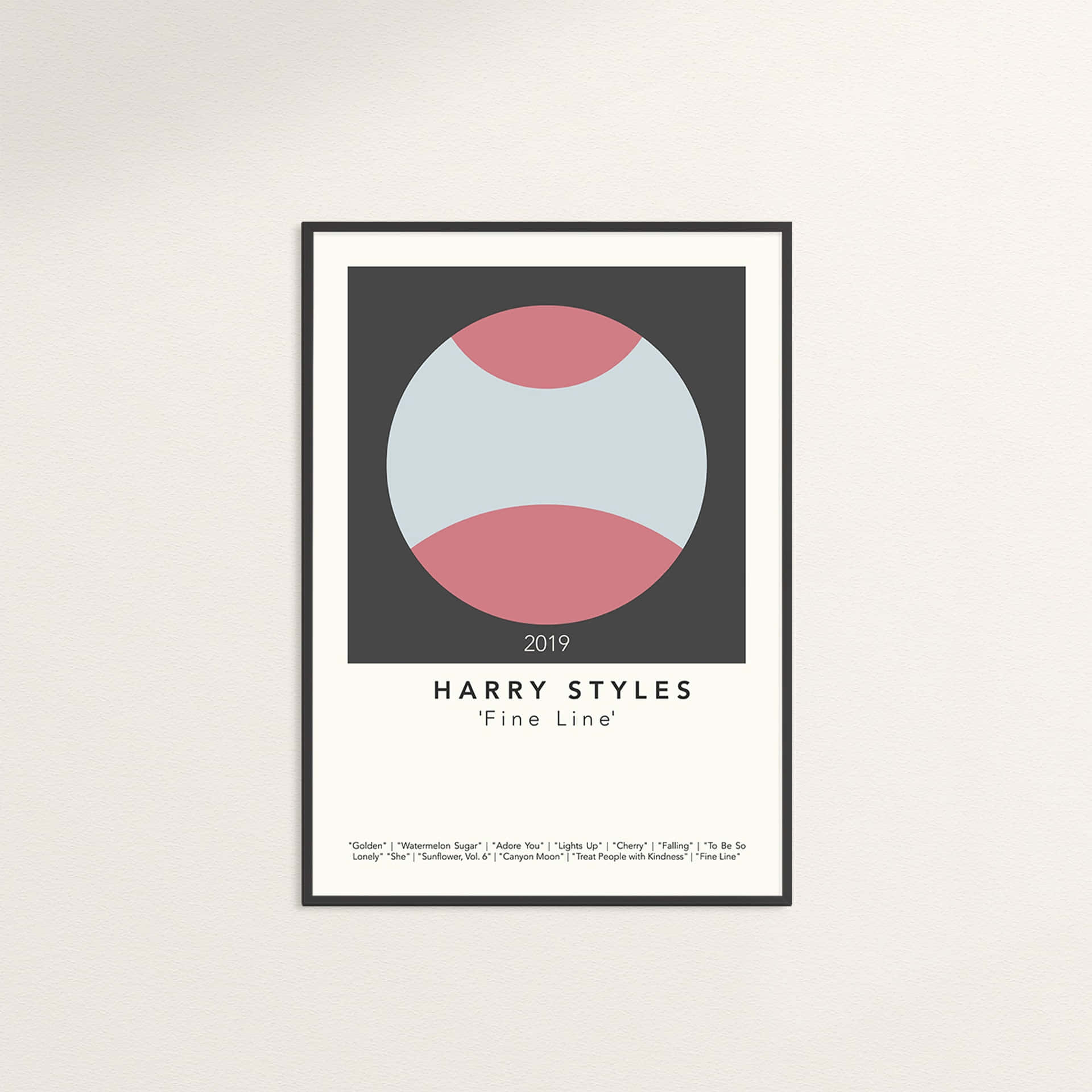 Harry Styles專輯《Fine Line》的裱框極簡海報，採用幾何圓形設計和歌曲列表。