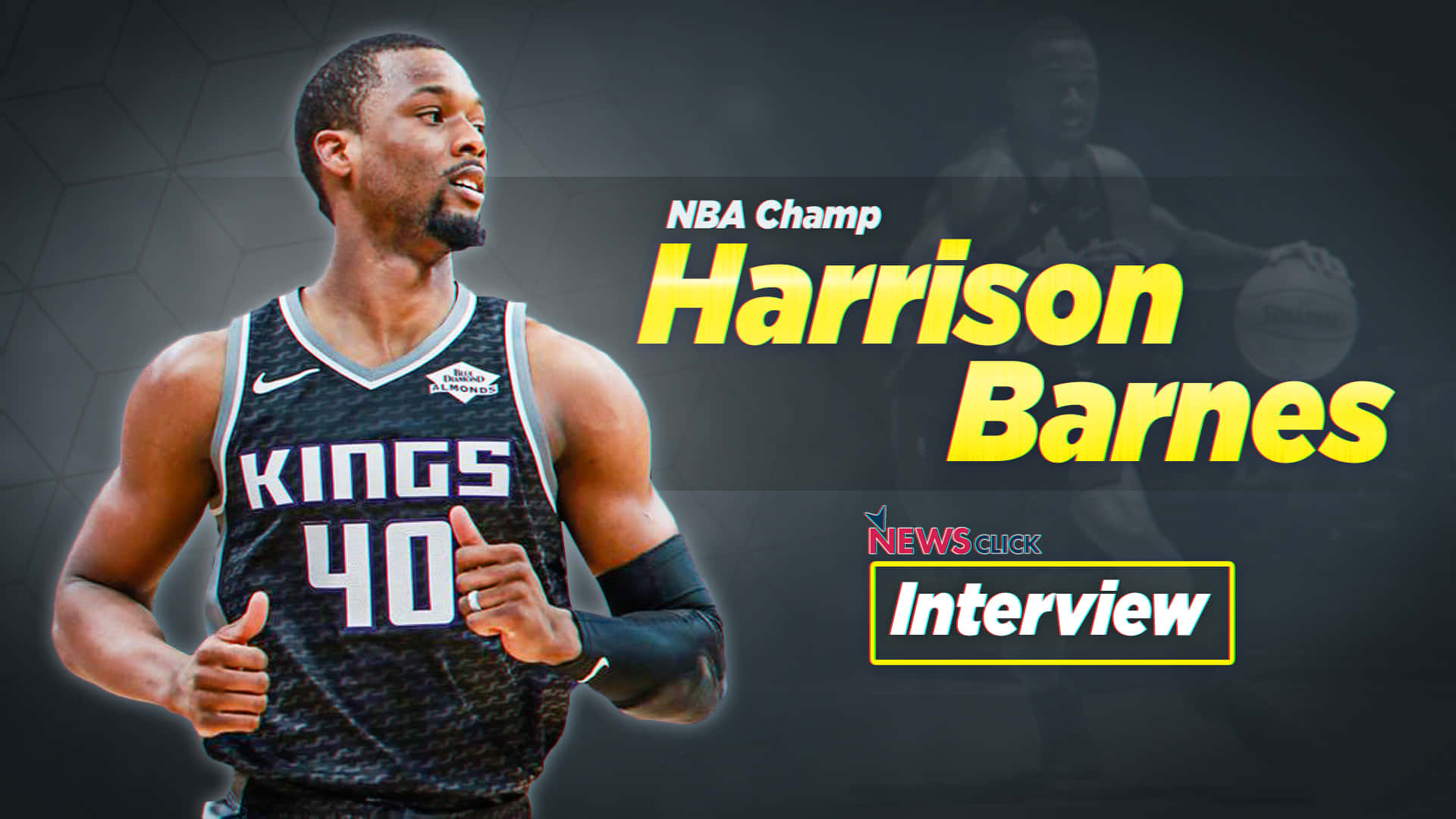 哈里森·巴恩斯 新聞快訊採訪 壁紙 — NBA冠軍Harrison Barnes身穿國王隊球衣，在新聞採訪圖形中豎起大拇指。