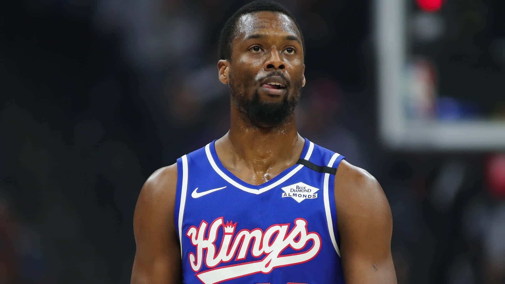 哈里森·巴恩斯 薩克拉門托國王 NBA 籃球 壁紙 — 一位專注的籃球運動員身穿藍色薩克拉門托帝王隊球衣，站在球場上，汗水在皮膚上閃閃發光。