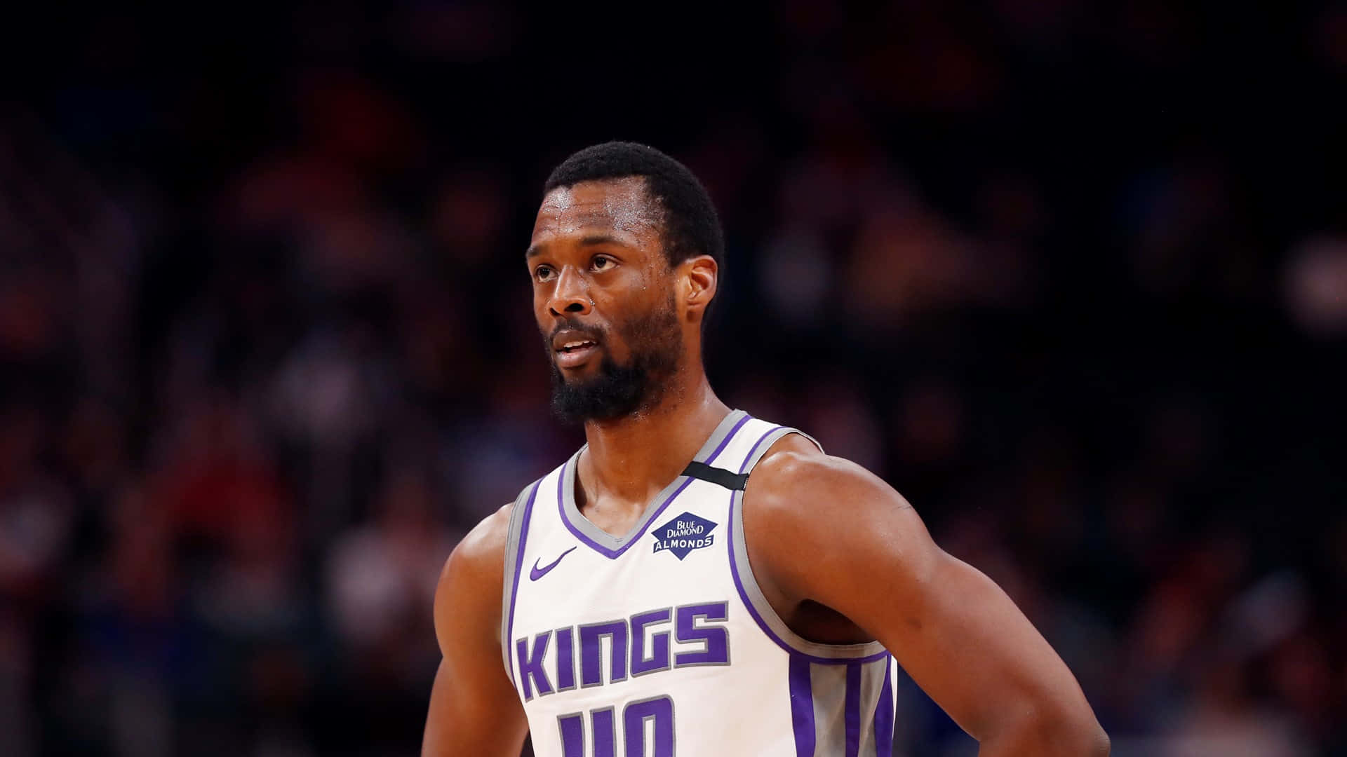 哈里森·巴恩斯 薩克拉門托國王隊 NBA 籃球 壁紙 — 一位專注的籃球運動員身穿白色和紫色的帝王隊球衣，站在球場上，背景是模糊的觀眾。