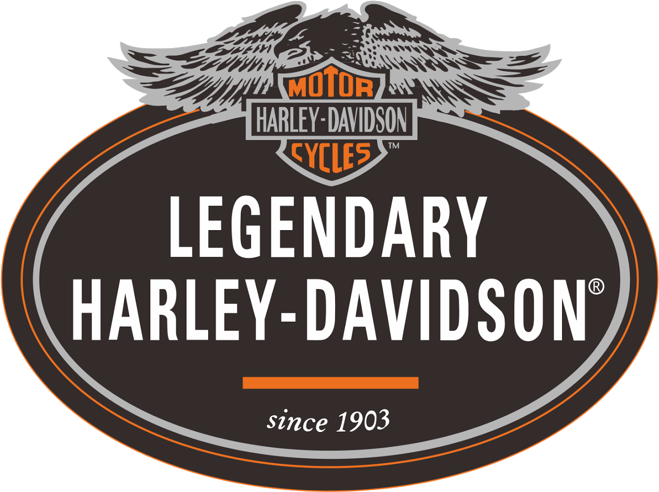 哈雷戴維森傳奇標誌 壁紙 — 黑色背景上帶有翅膀和文字「Legendary Harley-Davidson since 1903」的Harley-Davidson標誌。