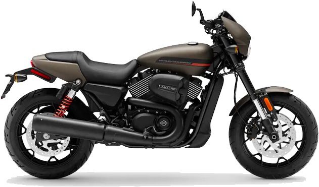 哈雷戴維森摩托車側影 壁紙 — 一輛時尚的磨砂黑色Harley-Davidson Street 750電單車，帶有紅色懸掛彈簧和鍍鉻裝飾，側面展示在白色背景上。