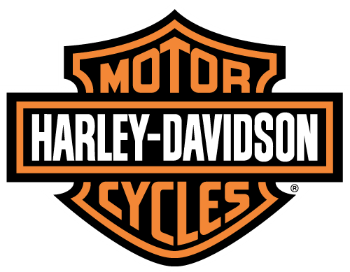 哈雷戴維森摩托車標誌 壁紙 — Harley-Davidson 標誌以鮮明的橙色和白色呈現於黑色背景上，採用經典盾牌形狀。