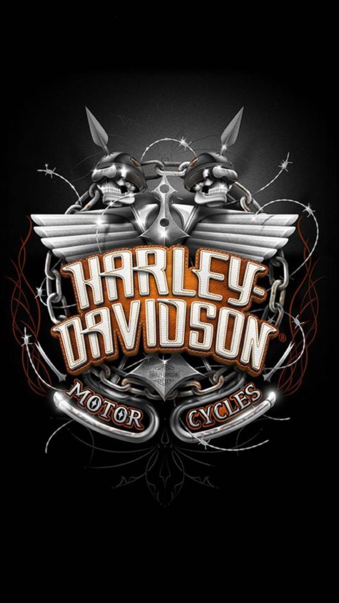 Harley Davidson 標誌 桌布 壁紙 — 哈雷戴維森標誌，帶有骷髏、翅膀和鏈條，深色背景