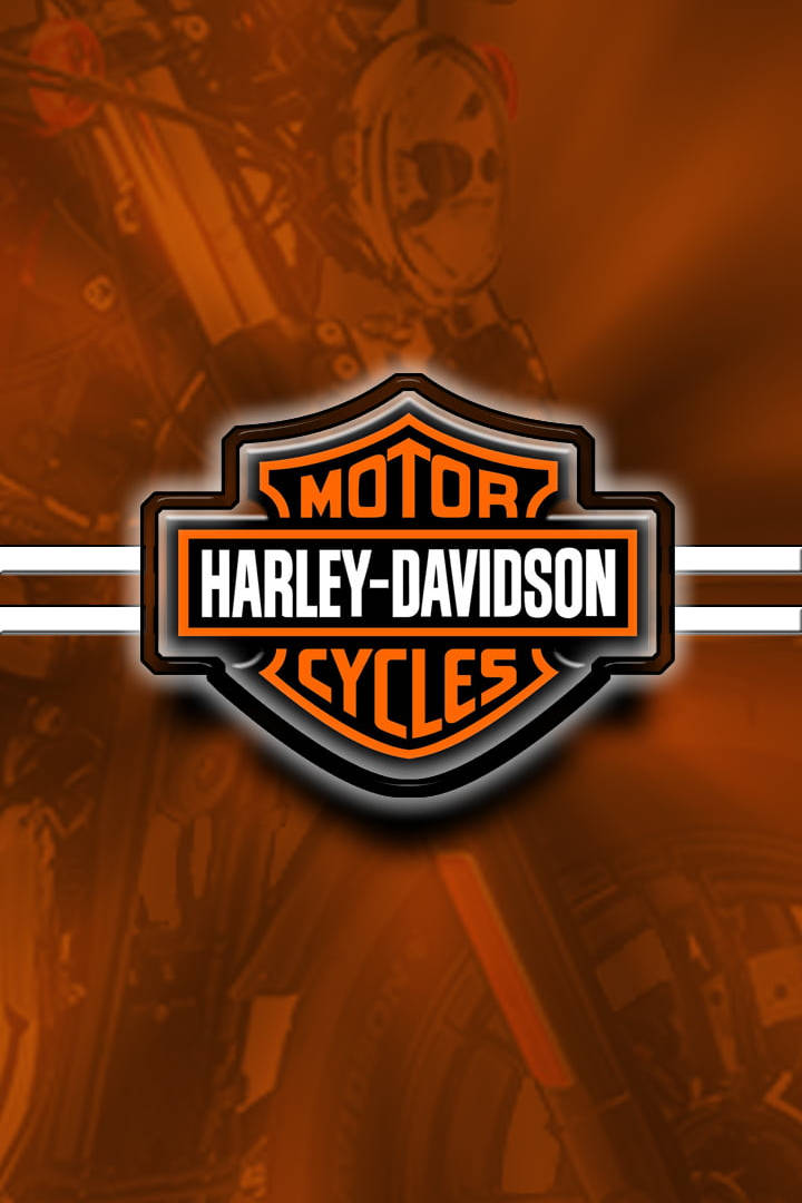 Harley Davidson 標誌 桌布 壁紙 — 哈雷戴維森標誌居中在模糊的橙色摩托車背景上，帶有白色條紋。