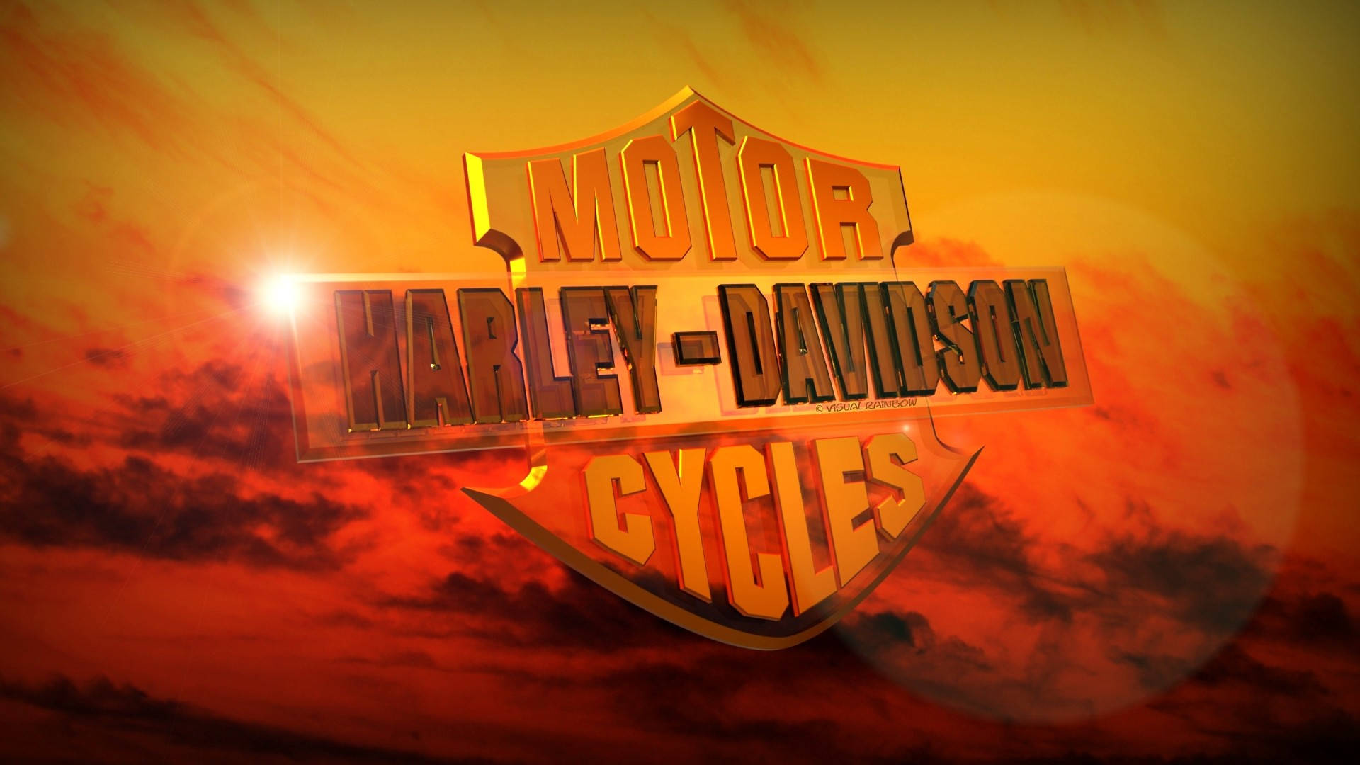 哈雷戴維森標誌日落藝術 壁紙 — Harley-Davidson 標誌在3D中發光，背景是火熱的日落天空，帶有戲劇性的雲彩和鏡頭光暈。