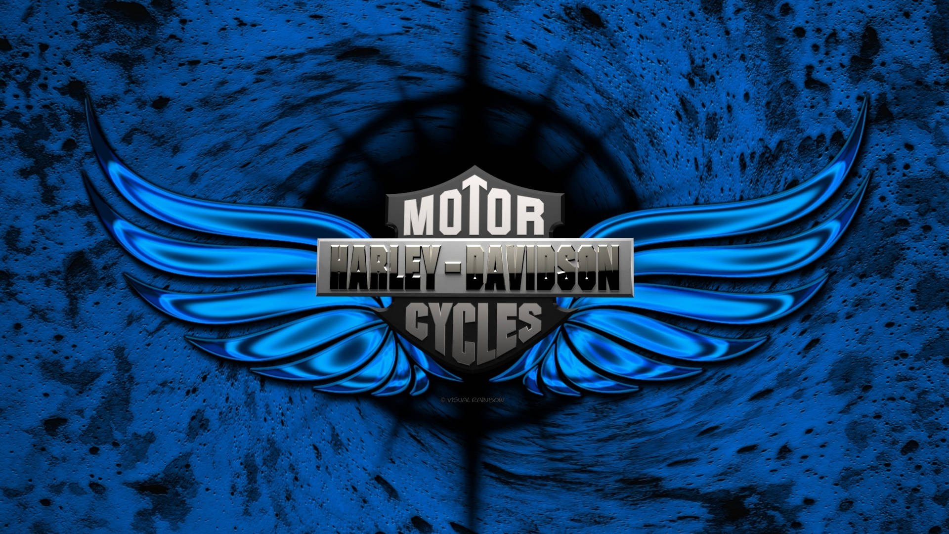 哈雷戴維森標誌藍色翅膀 壁紙 — Harley-Davidson 標誌帶有發光的藍色翅膀，居中在帶有紋理的深藍色背景上。