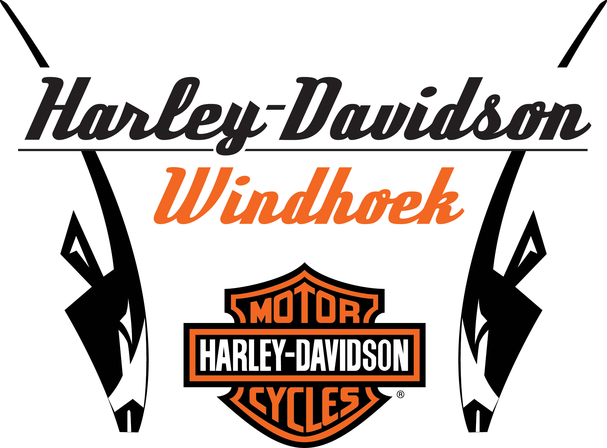 哈雷戴維森溫得和克標誌 壁紙 — Harley-Davidson Windhoek 標誌，帶有標誌性盾牌徽章，兩側為黑白劍羚剪影。