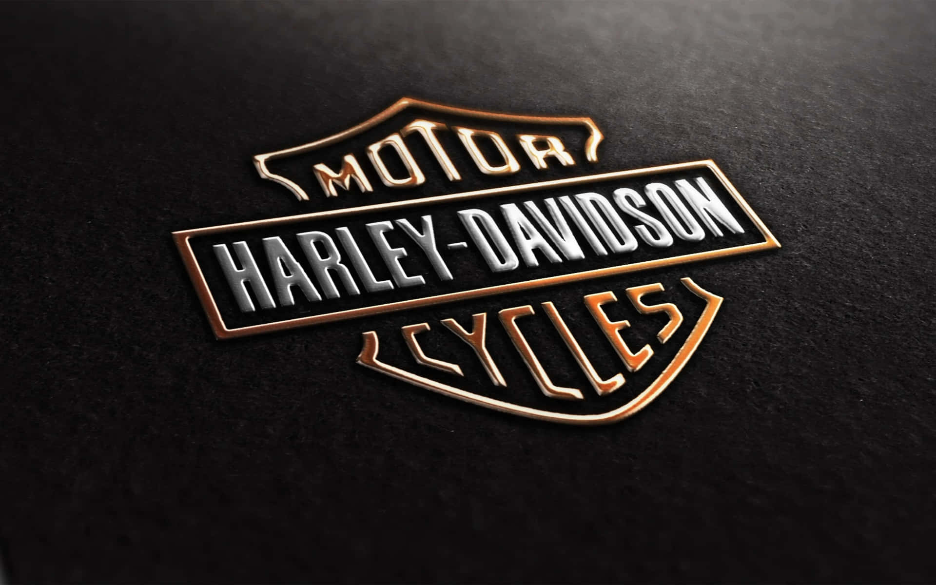Harley-Davidson標誌徽章，在黑色紋理表面上帶有金色和銀色細節。